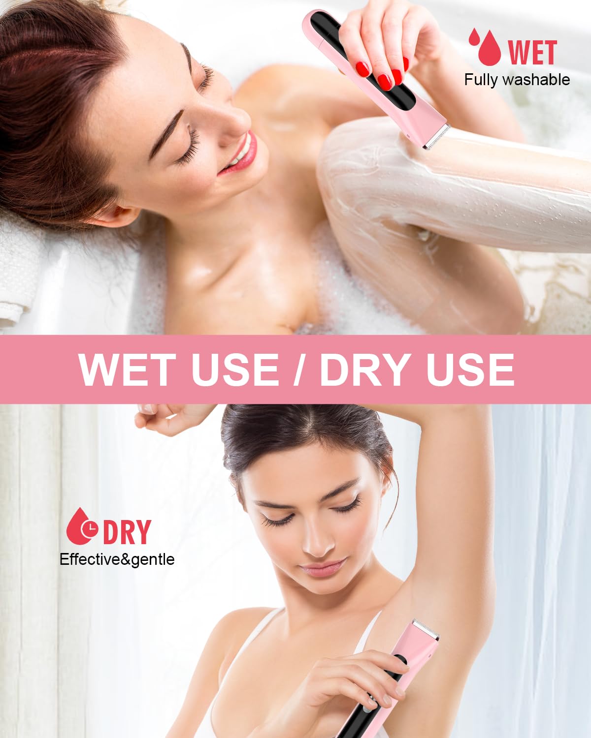 Bikini Trimmer for Women, 2 in 1 Electric Razors for Women Pubic Hair, Rechargeable Electric Shaver IPX7 Waterproof for Underarm Leg Face Arm,Wet/Dry Use (Light Plinik)