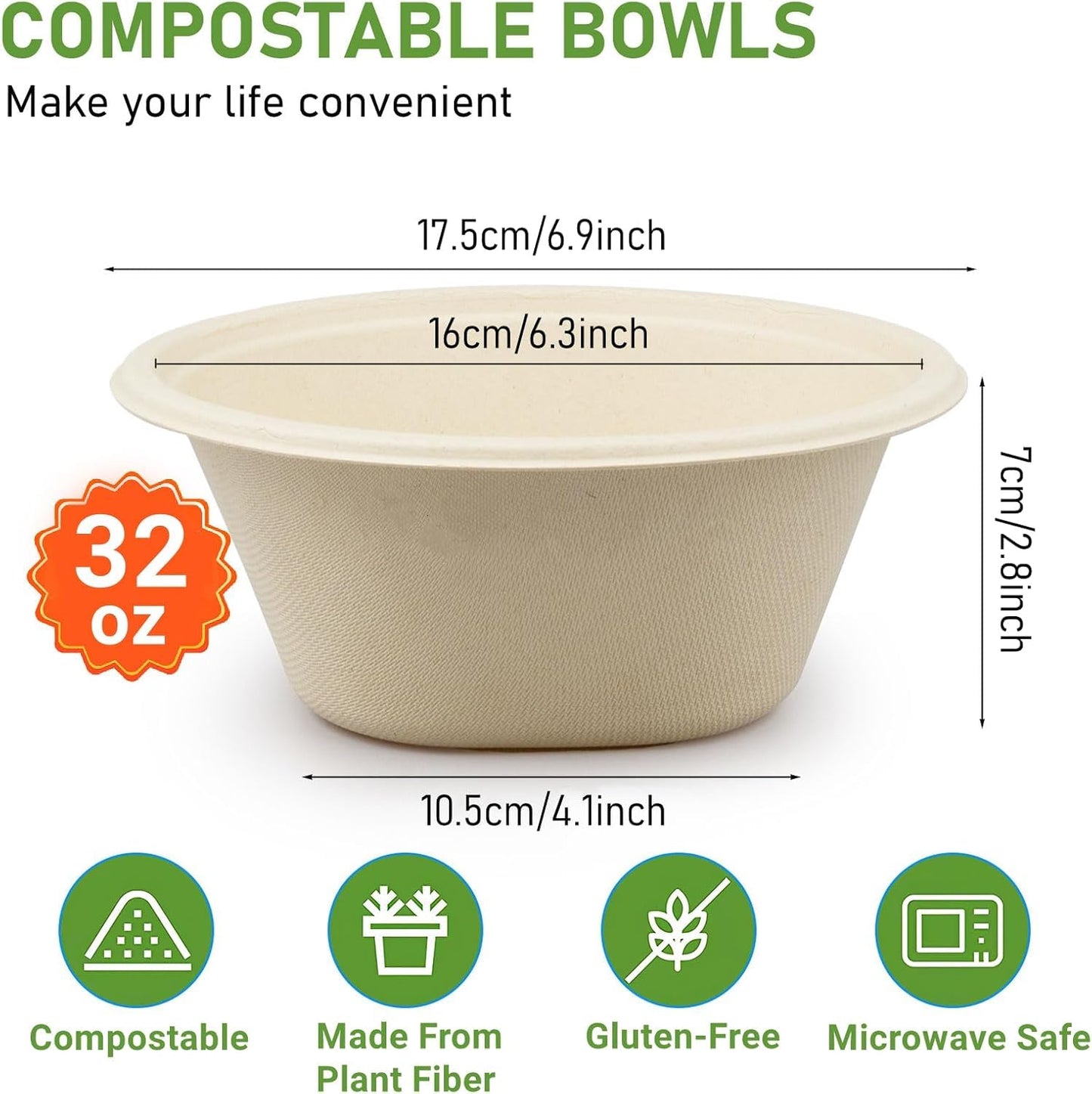 100 Pack Disposable Paper Bowls, 32 oz Heavy Duty Compostable Bowls, Party Serving Bowl Dish Container for Salad, Dessert and Hot Soup,Brown (32 oz)