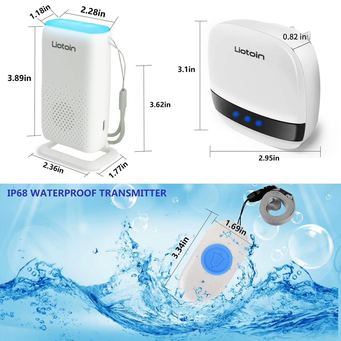LIOTOIN Wireless Caregiver Pager Call Button Call Bell for Elderly/Patients at Home Panic Button for Seniors System 2 Waterproof Transmitters 1 Portable Receiver 2 plugin Receiver…