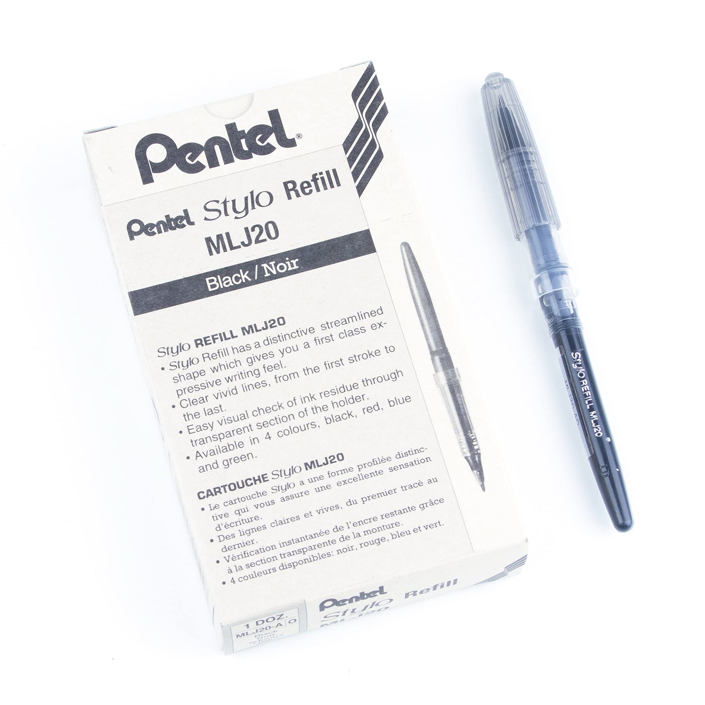 Ink Refills for Pentel Tradio Fountain Pen (TRJ50), Black Ink, MLJ20-A, Box of 12