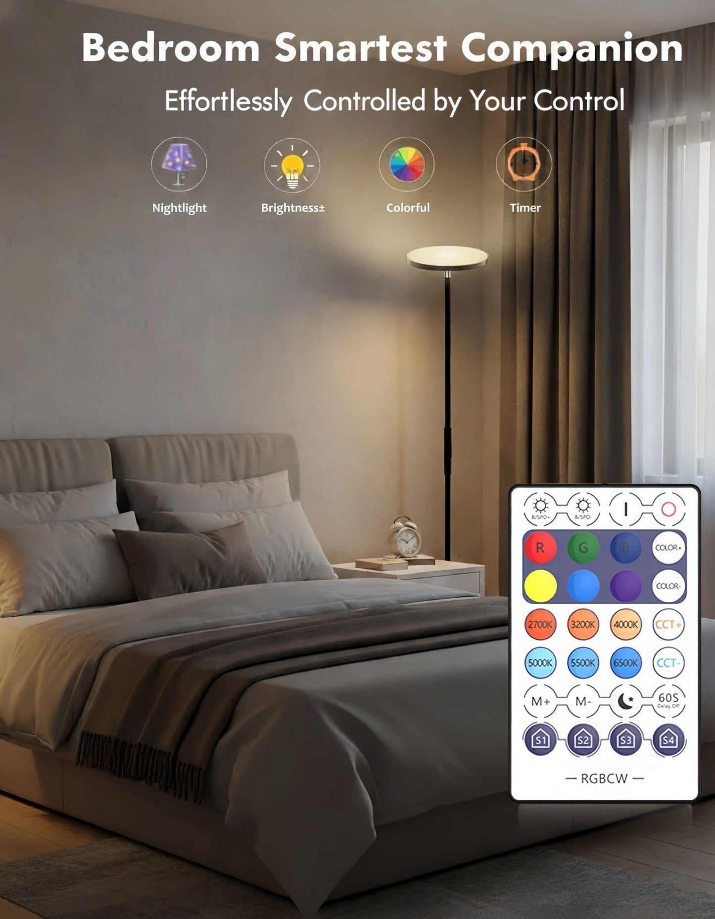Nowepai Smart RGB Floor Lamp with APP & Remote, 67" Modern Standing Light with Stepless Dimmable Brightness, 36W 3600LM Super Bright LED for Living Room, Bedroom, Office Corner Lighting