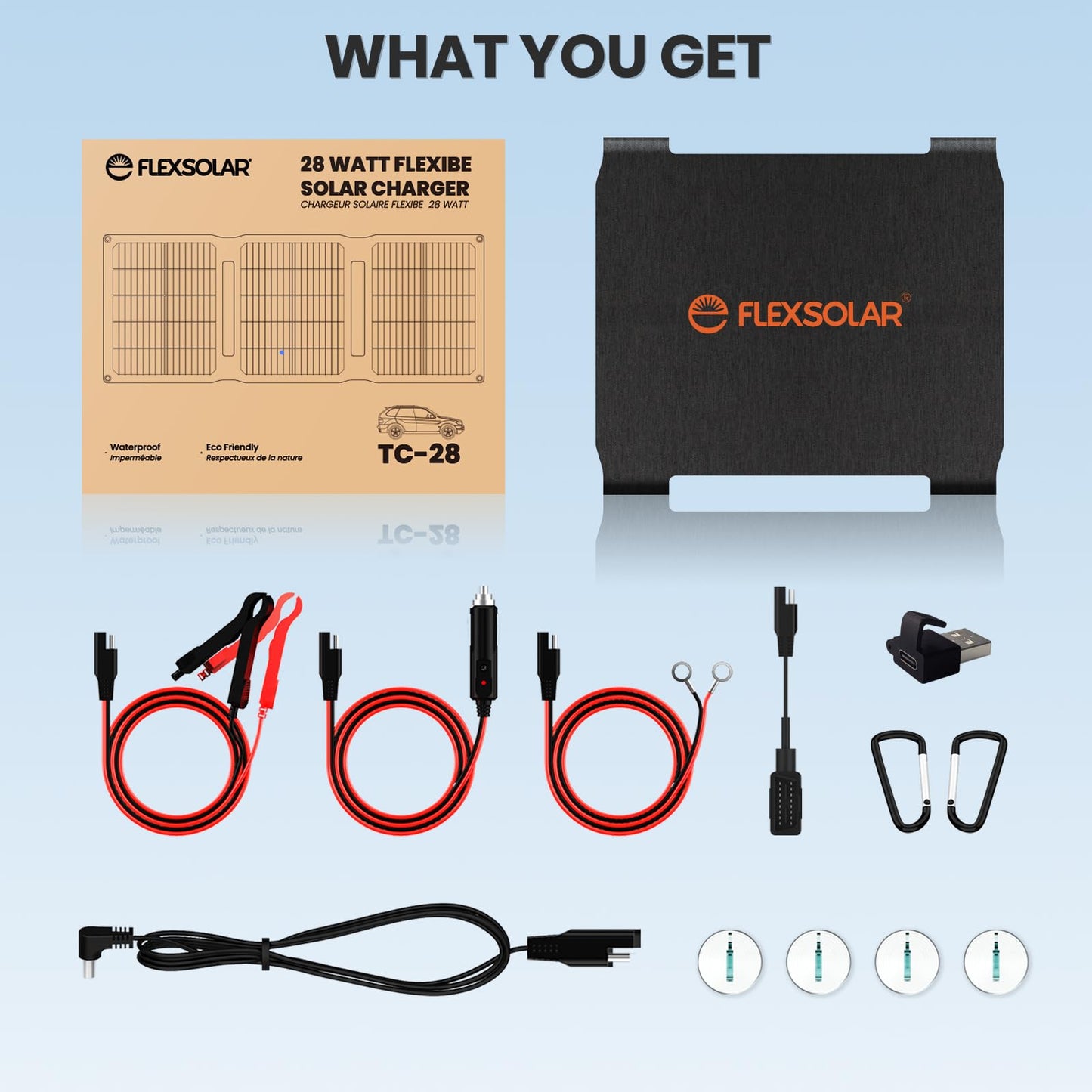 FlexSolar 28W 12V Portable Solar Panel Battery Charger Maintainer Kits Trickle Charger with Built-in Charge Controller, Cig Plug, Alligator Clips, O-Rings OBDII Connector for Car, Truck,Tractor, Boat