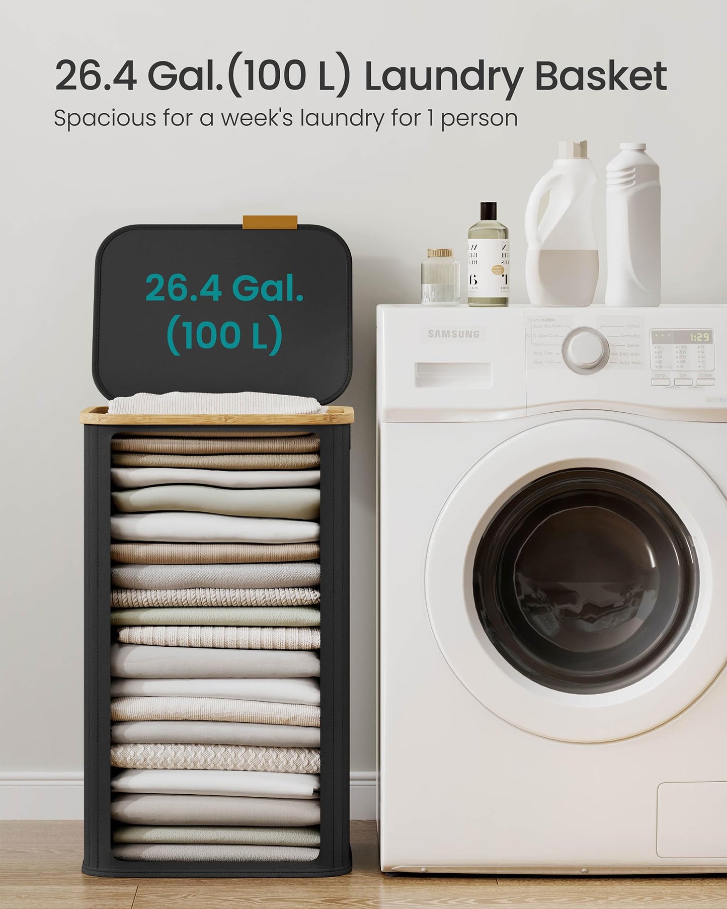 SONGMICS Laundry Hamper, Slim Laundry Basket with Lid, Foldable Storage Basket, Bamboo Frame, for Bedroom, Living Room, Oxford Fabric, 26.4 Gal. (100 L), Ink Black ULCB518BH01