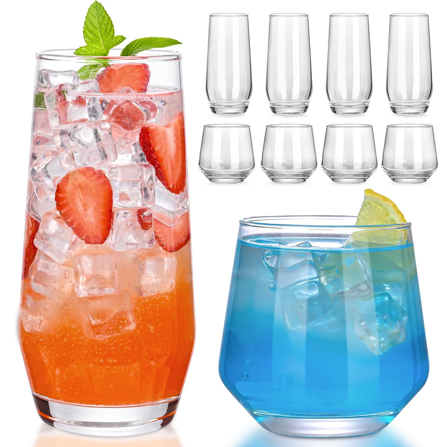ZMOWIPDL Drinking Glasses Set of 8,Clear 13oz & 18oz Crystal Glass Cups,Drinkware Glassware,Highball Water Tumbler,Short Stemless Wine Glasses,for Beer,Cocktail,Whiskey,Juice and Various Mixed Drinks