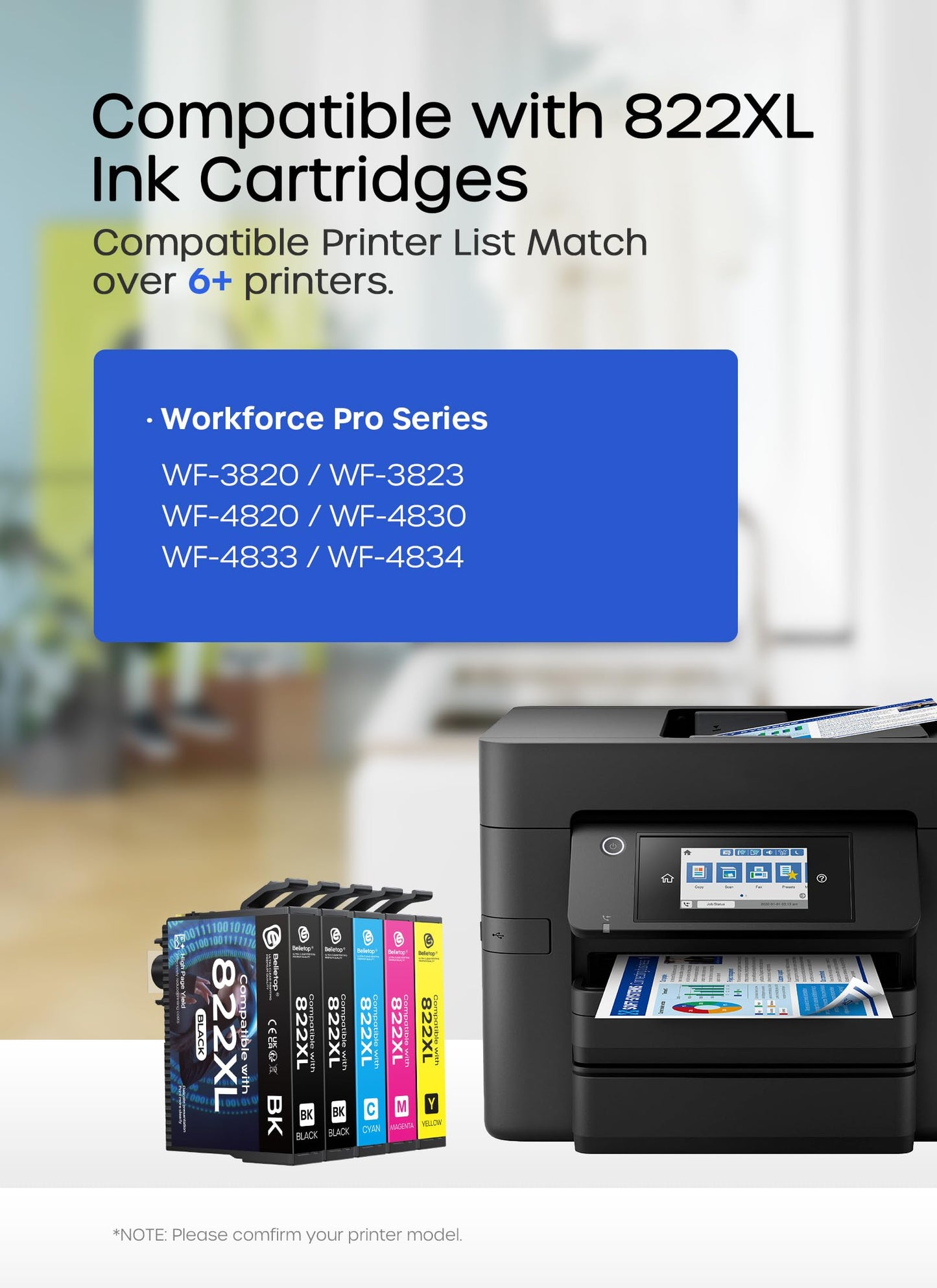 Compatible with 822XL Remanufactured Ink Cartridges Combo Pack Work for 822XL 822 XL High Yield Ink Cartridge to use with WF-3820 WF-3823 WF-4820 WF-4830 WF-4833 WF-4834 Printers-5 Pack (BK/C/M/Y)