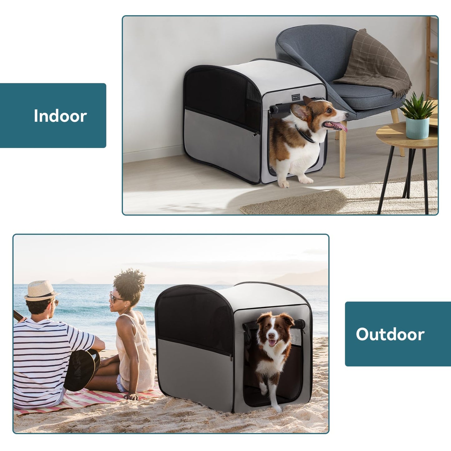 Petsfit Travel Dog Crate，Pop Up Dog Crate for Medium Large Dogs，Waterproof Pet Cage Soft Dog Kennel for Indoor/Outdoor，Lightweight Dog Carrier for Travelling，Grey