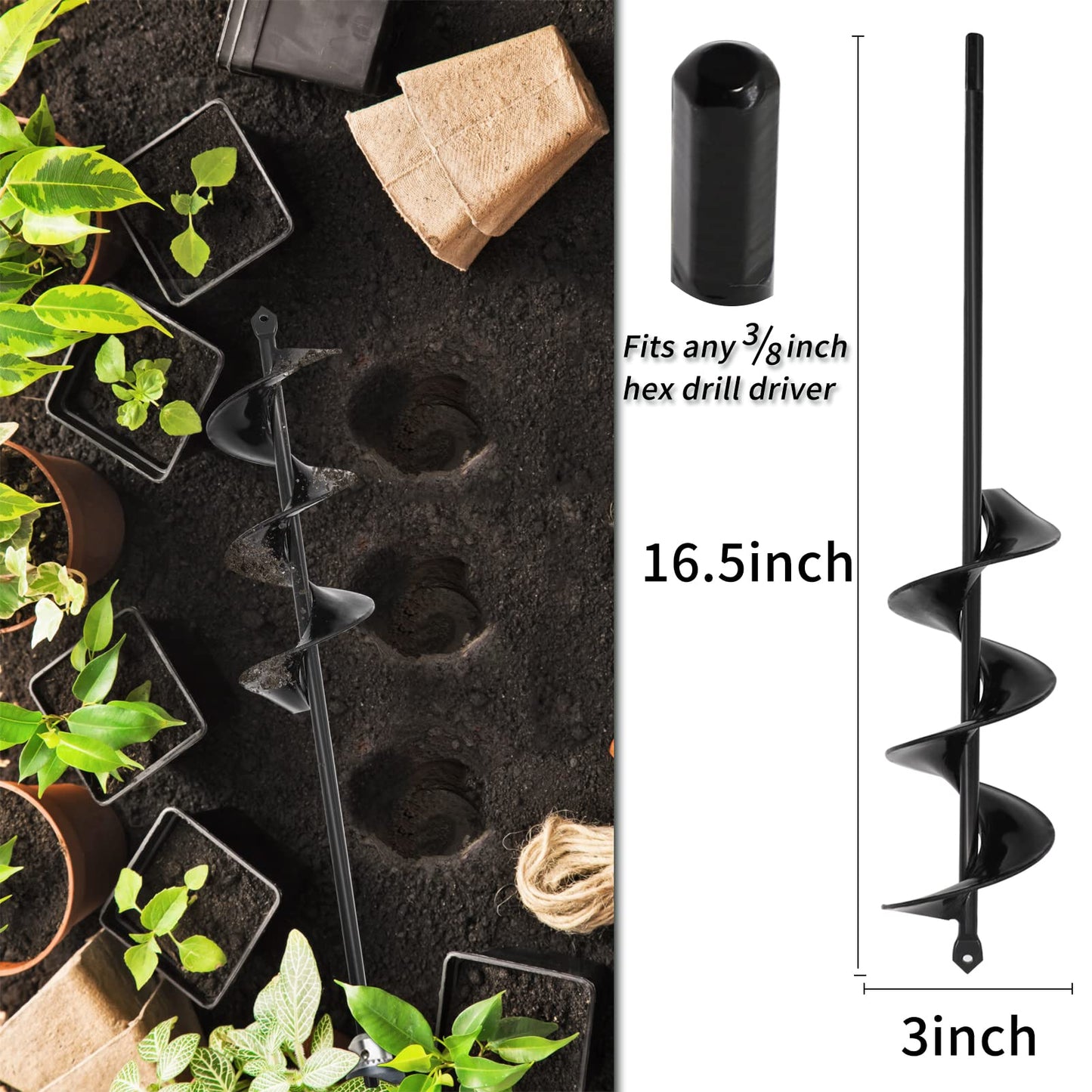 Garden Auger Drill Bit for Planting 4 Pack 1.6"x9"and 1.6"x16.5" and 3"x16.5"and 3"x12"Auger Drill Bit Plant Flower Bulb Auger Spiral Hole Drill Earth Post Umbrella Bulb Planter Auger