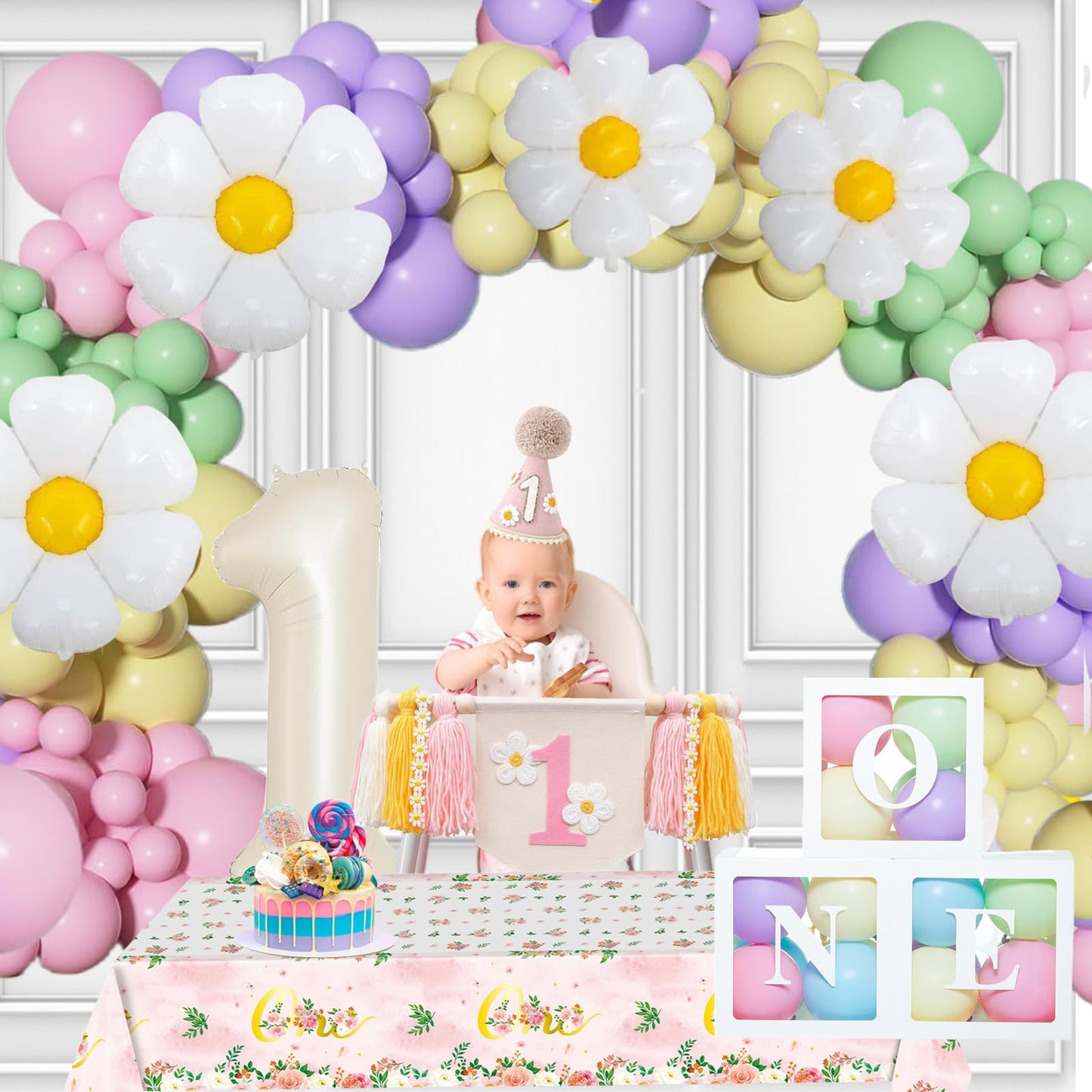 Daisy Pastel Balloon Garland Arch Kit 1st Birthday Decorations Girl White Groovy Wildflower Balloon Arch Kit First Birthday Party Decorations for Girl Baby Shower Flower Balloons Decor