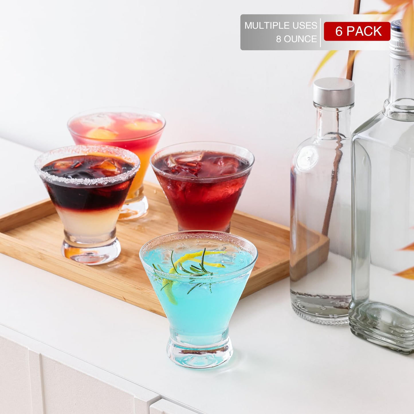 Martini Glasses Set of 6, 8oz Stemless Martini Cocktail Glasses for Margarita, Cosmopolitan, Manhattan, Home Bar, Gimlet, Pisco Sour, Brandy, Crystal Clear