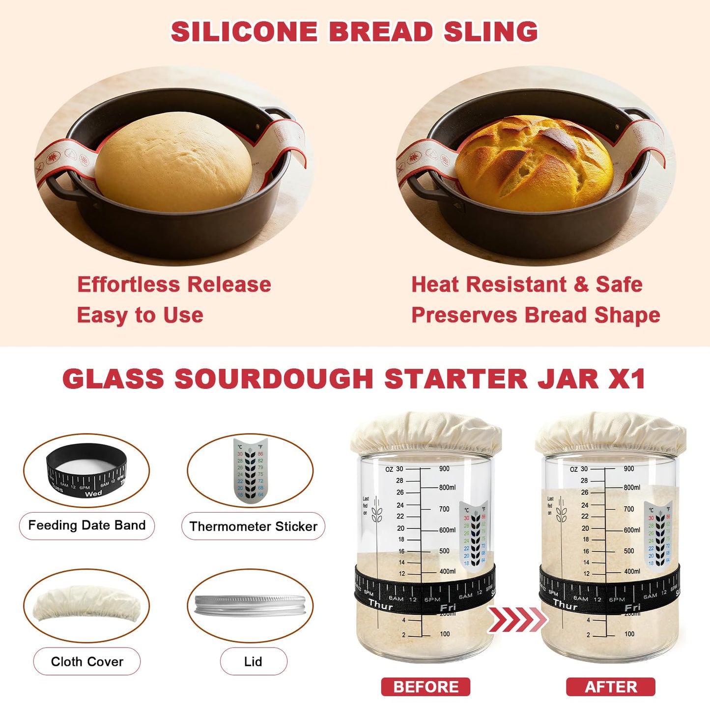Sourdough Bread Baking Supplies, Sourdough Starter Kit with Cotton Rope Oval & Round Bread Proofing Basket and Sourdough Starter Jar, Artisan Bread Making Kit Ideal Gift for Bakers, Women Wife Mom