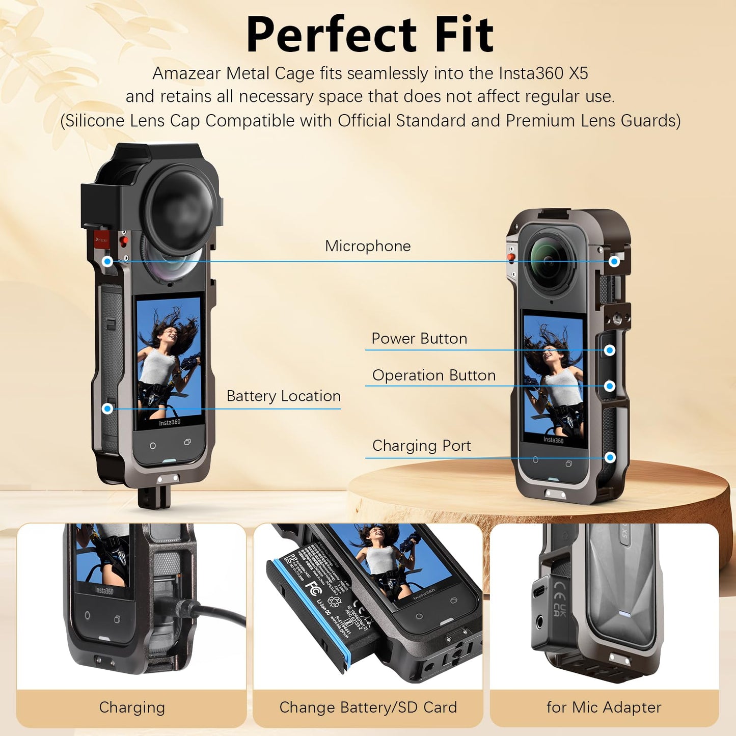 Amazear Metal Protective Case for Insta360 X5 Accessories, Insta 360 X5 Multifunction Utility Frame Stronger Construction Aluminum Cage with Quick-Release Lock, Various Expansion Mounts