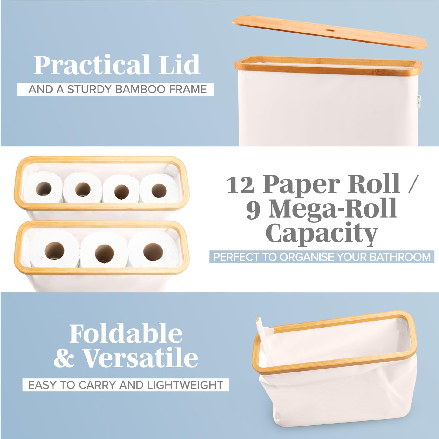LONBET Toilet Paper Storage for 12 Rolls, Stackable & Foldable - The Ultimate Bathroom Organizer - Waterproof & Antibacterial Toilet Paper Roll Holder with Bamboo Lid - Toilet Paper Basket Beige