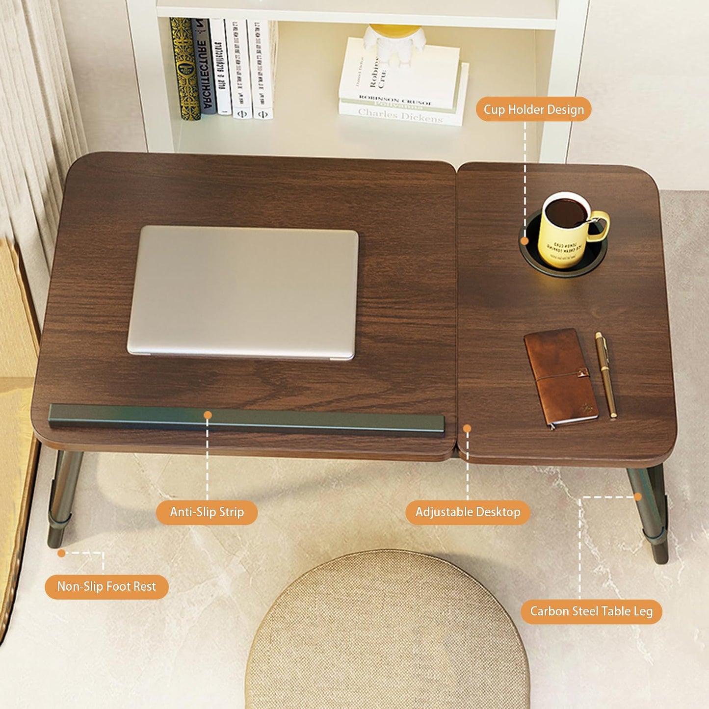 Laptop Desk for Bed, Adjustable Laptop Table with 5 Adjustable Angles, Portable Lap Tray Table with Cup Holder, Laptop Bed Desk Tray for Eating Working Writing (Brown)
