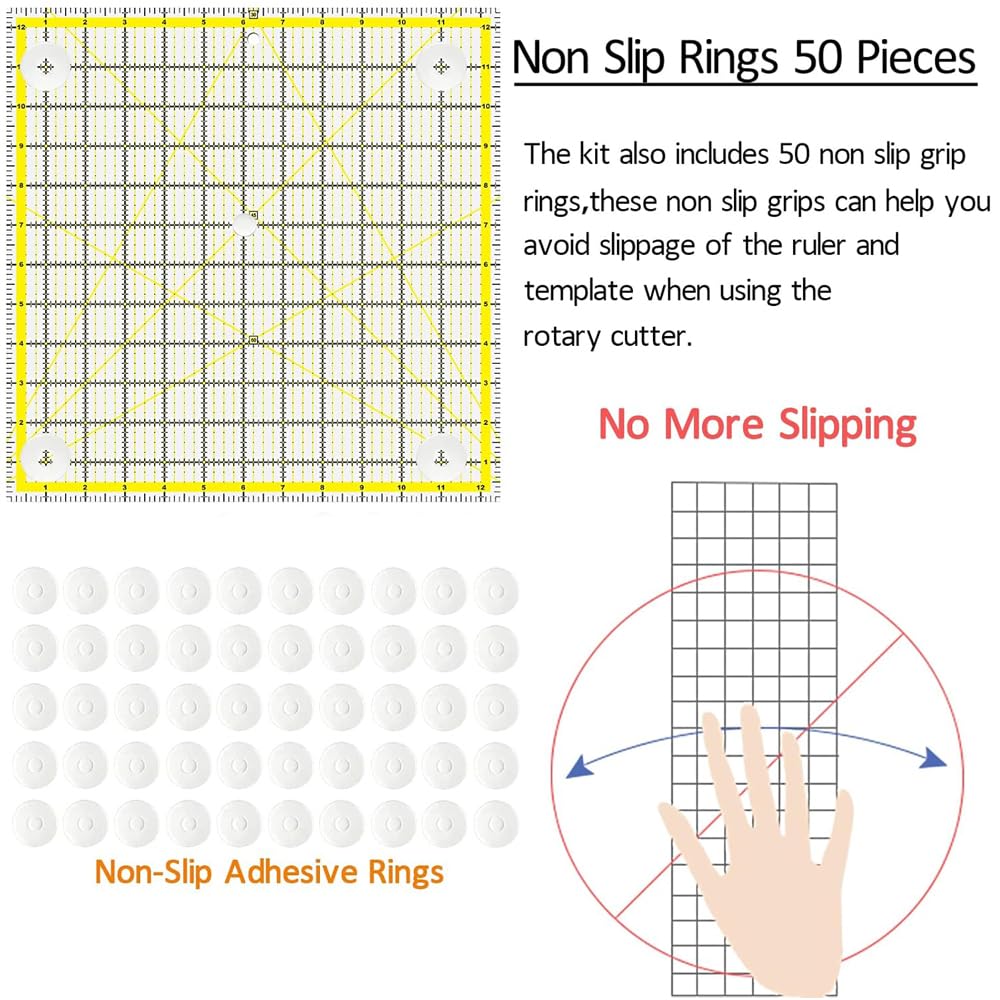8 Pack Acrylic Quilting Ruler,Fabric Cutting Ruler,Clear Mark with Double Colored Grid Lines, for Quilting, Sewing & Crafts Template, with Non Slip Rings 50 Pieces