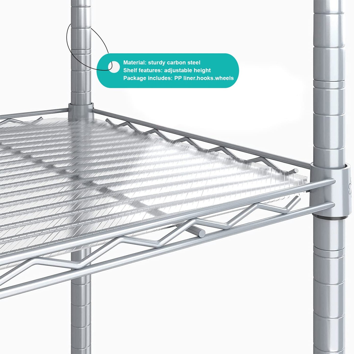 5 Tier Shelving Unit Adjustable Storage Shelf Metal Storage Rack Wire Storage Shelves with Heavy-Duty Rubber Metal Wheels for Laundry Bathroom Kitchen Pantry Closet (Silvery, 5 Tier)