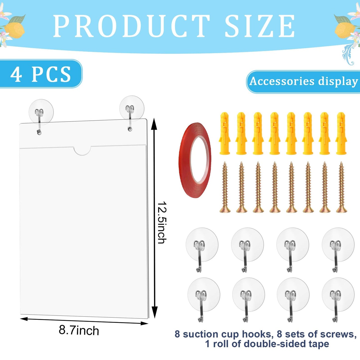 AIHSUMC 4 Pcs Acrylic Window Sign Holder, 8.5 x 11 Inch Hanging Acrylic Sign Holder, Wall Mount Paper Display Ad Frame with Tape,Mounting Screws,Suction Cups Hooks for Mall Office Store Restaurant