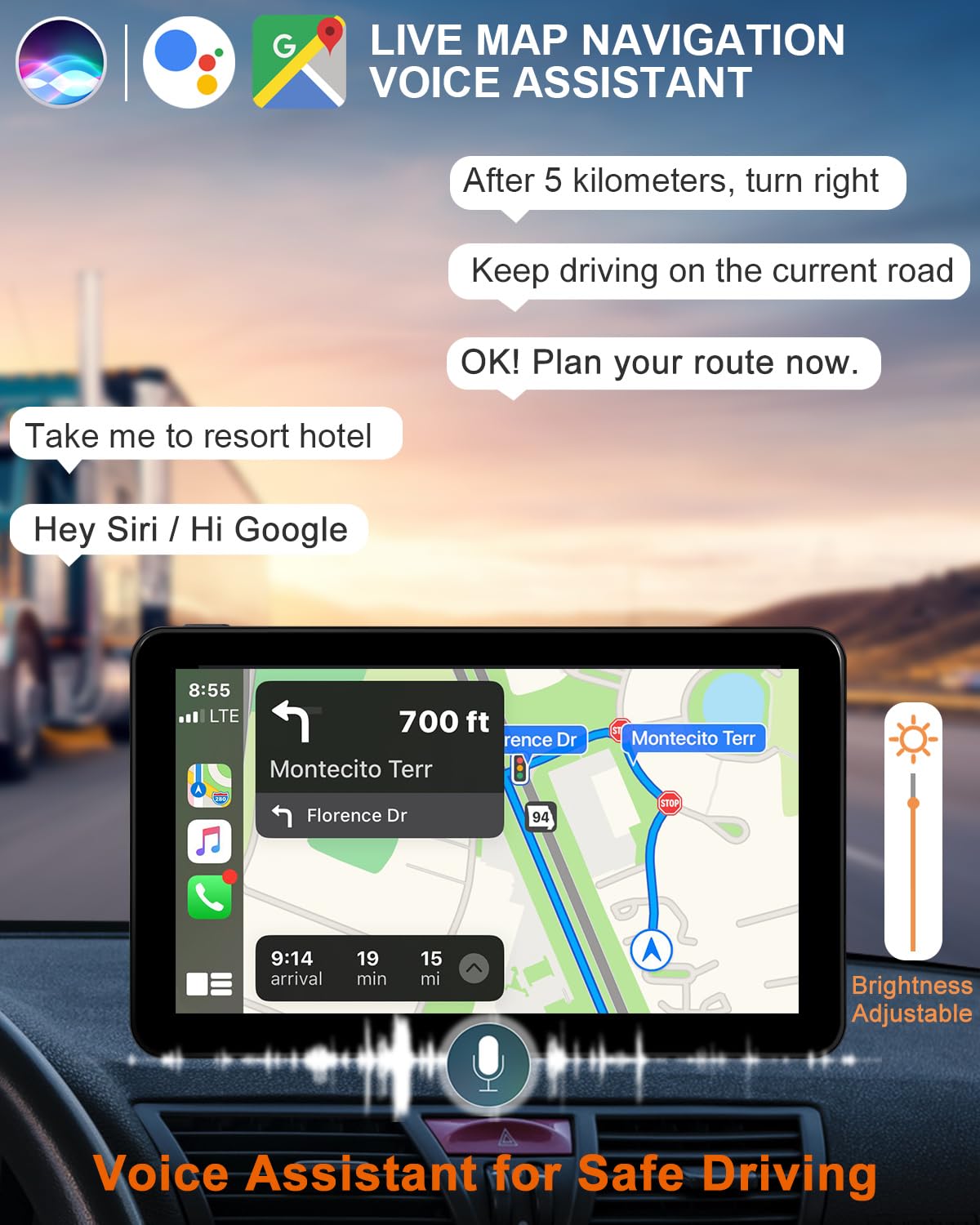 Wireless CarPlay Android Auto Screen for Car, 7" HD Touch Screen Stereo Portable Car Navigation Vedio Music Player Bluetooth Mirror Link, AirPlay, Voice Control, AUX