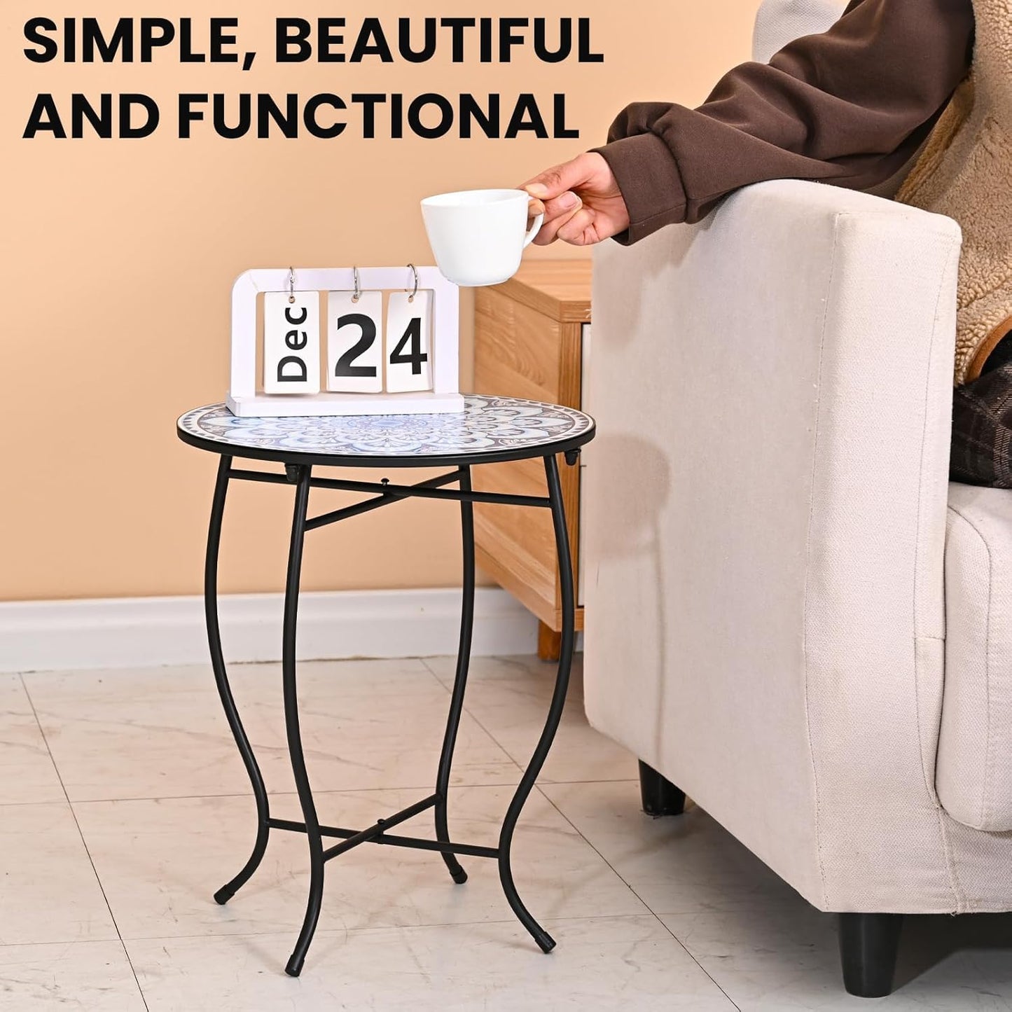 17" Tall Patio Side Table, 14 Inch Round Side Table, Weather Resistant Anti-Rust Metal Indoor Outdoor Side Table for Patio Yard Porch Balcony Garden Bedside, Blue