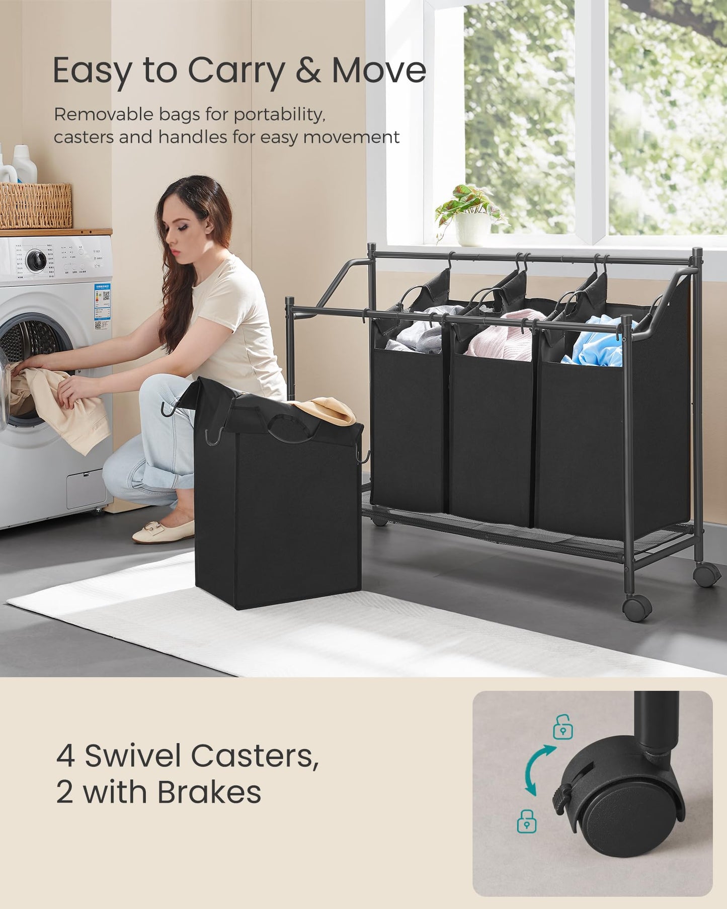 SONGMICS Laundry Sorter, Rolling Laundry Basket with 4 Removable Bags, Laundry Hamper, Laundry Cart, for Laundry Room, Bedroom, Bathroom, 4 x 11.9 Gallons, Ink Black URLS103B01