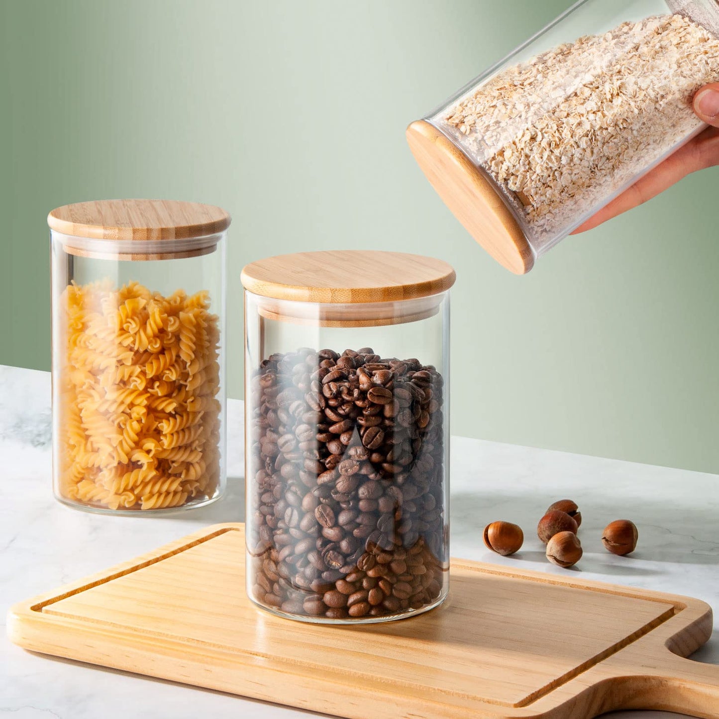 COCOYA 950ml/32oz Glass Jars with Airtight Bamboo Lid, 4-Pack Thick Pantry Storage Canisters, Kitchen Clear Containers Set for Spice Snack Salad Oats Dry Foods Nut Bean Sugar Coffee Tea Candy Cookie