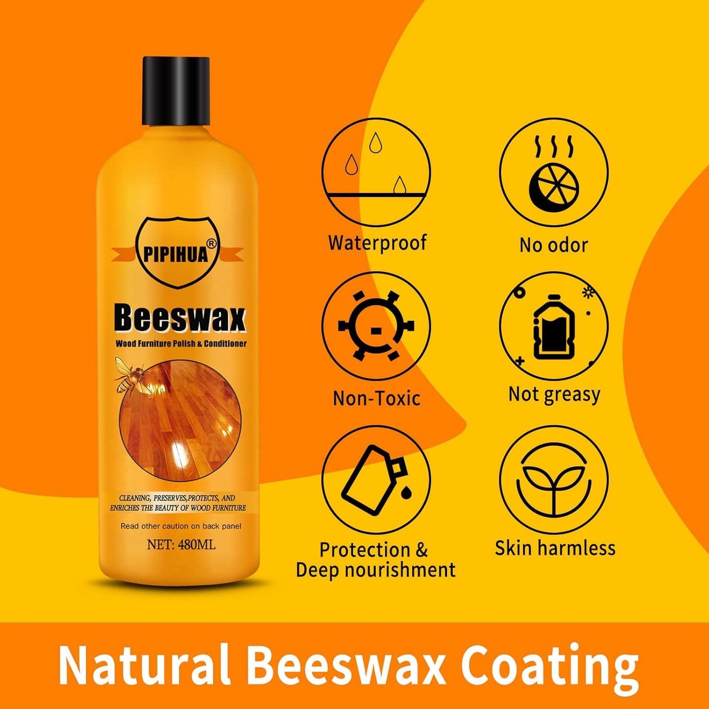 PIPIHUA Beeswax Furniture Polish Wood, Natural Wood Oil Colourless for Furniture Care & Protection for Interior and Exterior 480ml, 2Pack