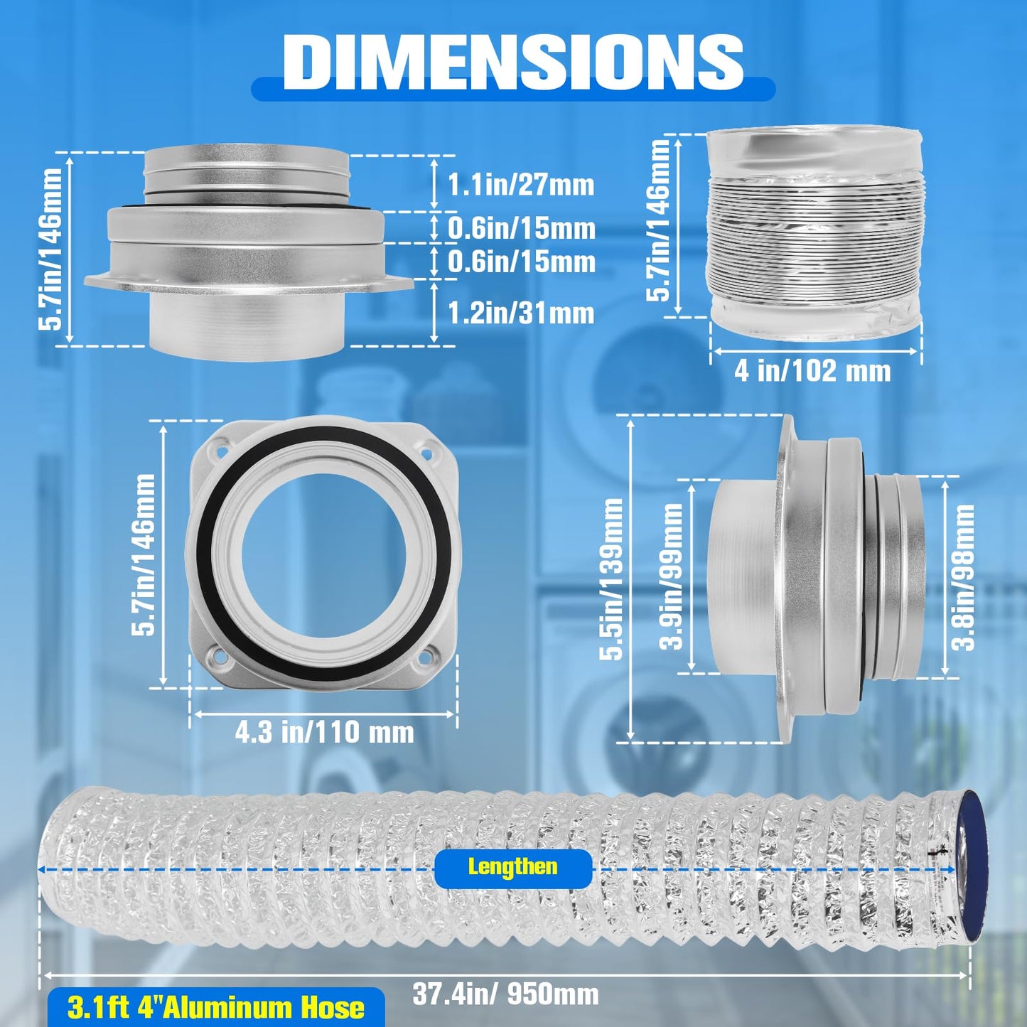 Upgrade Magnetic Dryer Vent Coupling Kit DV180, Magnetic Dryer Vent Connector with Airtight EPDM Seal Ring 3.1Ft 4" Duct, Quick Connector & Release Design for Easy Cleaning & Installation