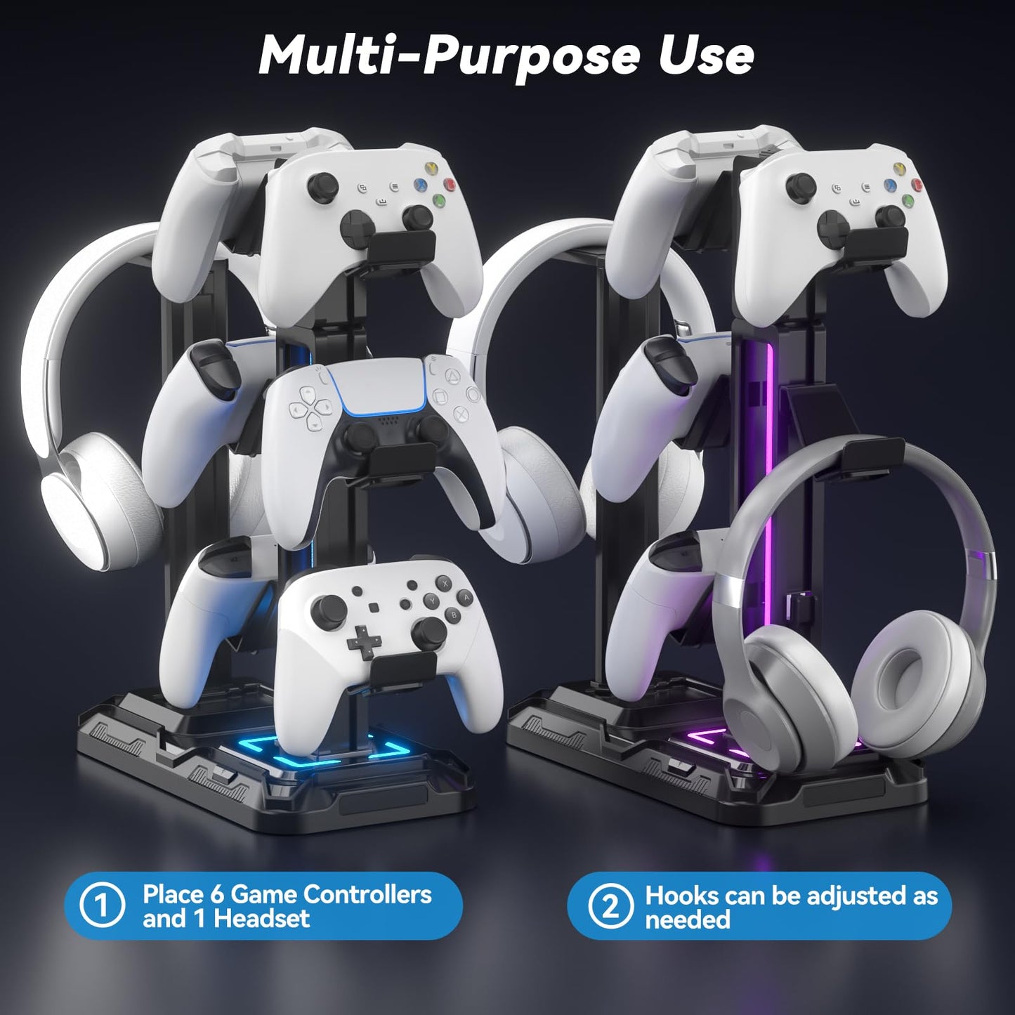 KDD RGB Multi-Controller Holder with 9 Light Modes - Rotatable Universal Headphone Hanger - Controller Stand with 6 Detachable Hooks for Desktop Gamer Accessories