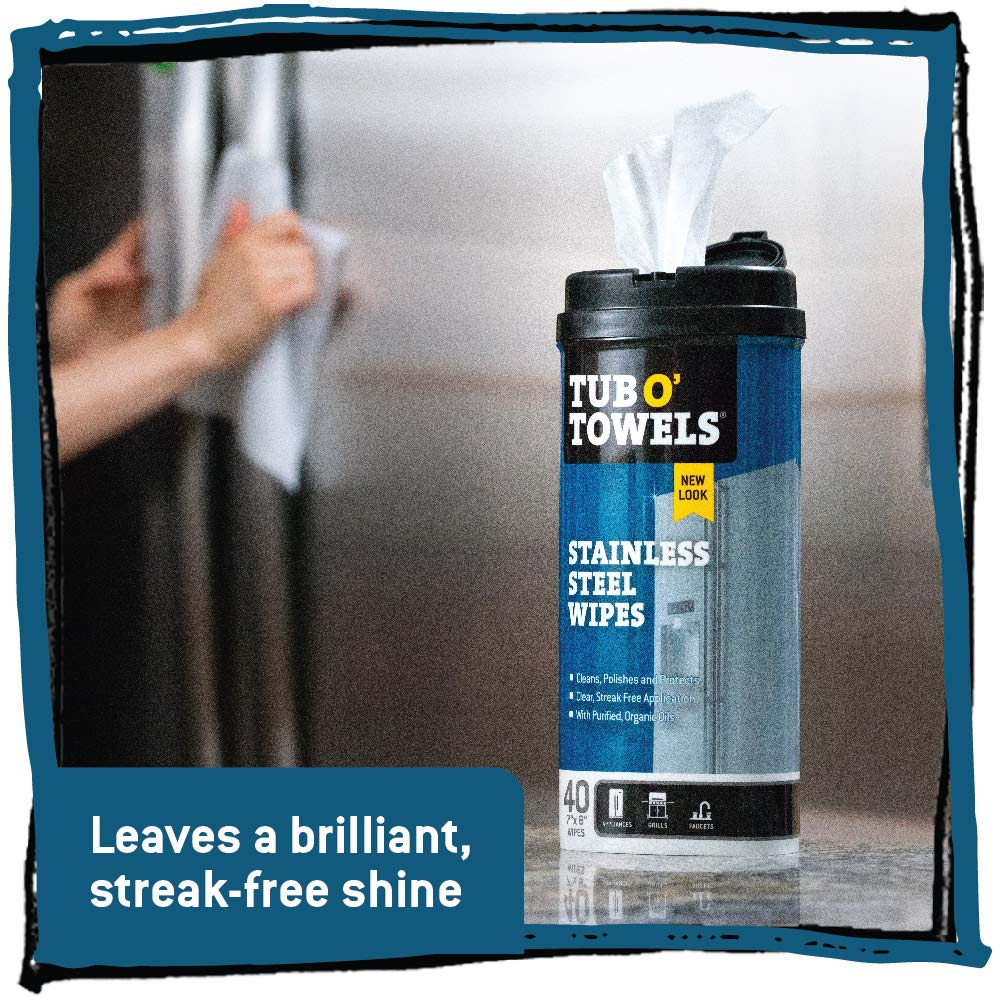 Tub O' Towels Heavy Duty Stainless Steel Cleaner Wipes, 40 Count, 2 Pack, with 12” x 12: Micro Fiber Cloth