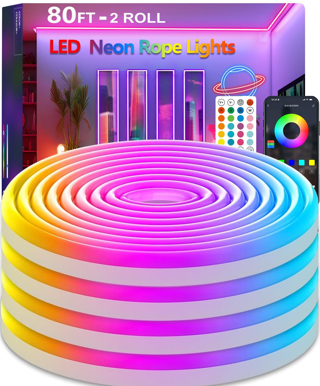 80FT(2 Rolls 40FT) Neon Rope Lights,Flexible Led Rope Lights Control with App/Remote,Multiple Modes Rope Lights,IP65 Outdoor Waterproof,Music Sync Light Strip for Bedroom