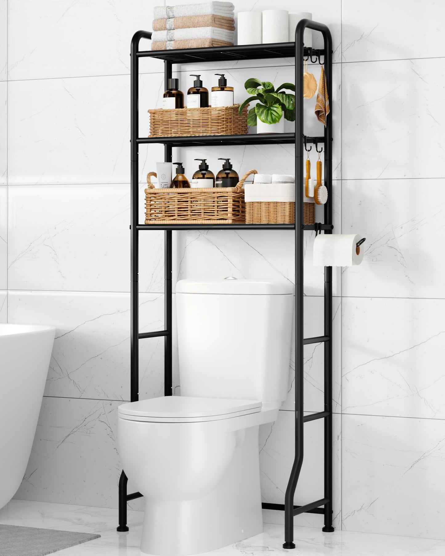 Kitsure Over Toilet Storage Rack – 3-Tier Black Metal Bathroom Organizer Shelf with Toilet Paper Holder & Hooks, Space-Saving Over the Toilet Cabinet for Laundry Room or Washroom, 63.2" H