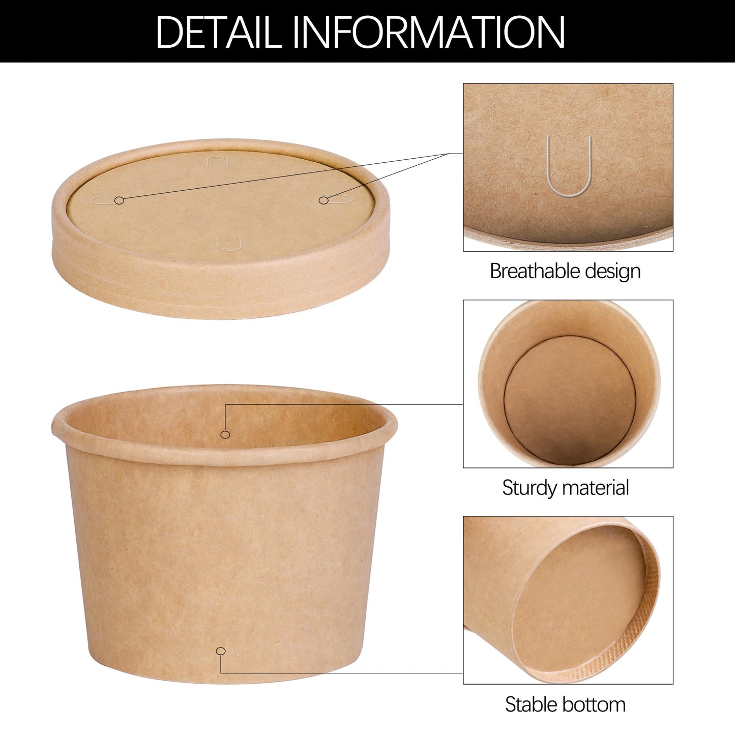 Ruisita 50 Pack Heavy Duty Soup Containers with Lids Ice Cream Bowls with Lids and Spoons 8 Ounces Disposable Soup Bowls Ice Cream Sundae Cups Kraft Paper Cups with Lids Soup Containers To Go, Brown