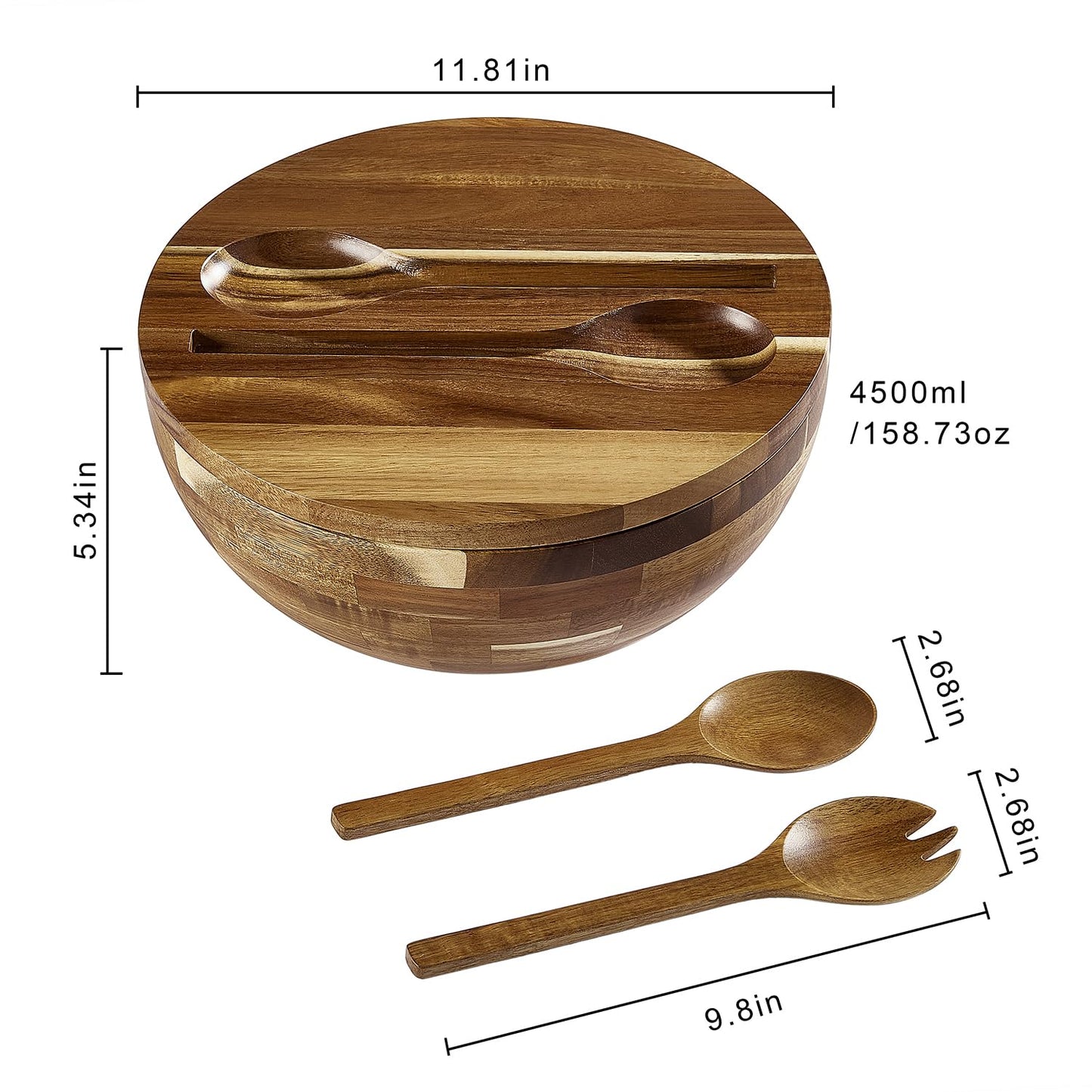 12'' Wooden Salad Bowl Large Wood Salad Bowl with Lid Acacia Wood Salad Bowls Set Mixing Bowl Serving Bowl with Servers for Salads, Pasta, Fruit, Dessert