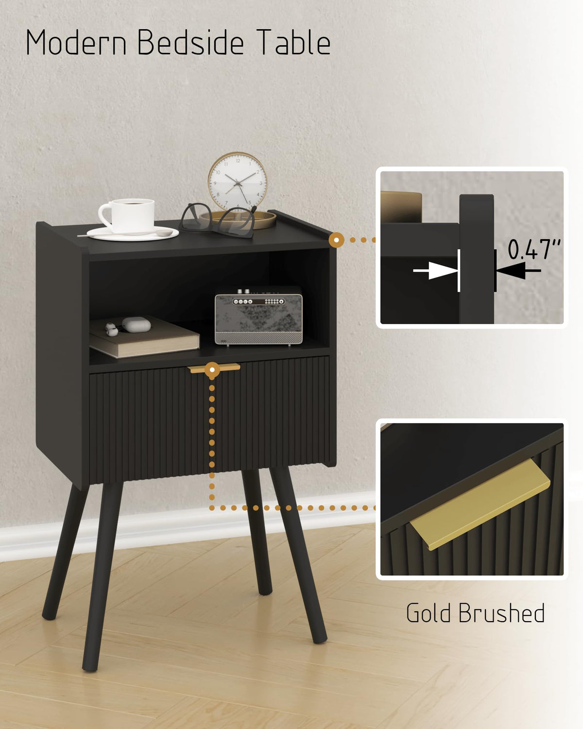 Black Nightstand,Modern Bedside Table with Storage Drawer and Open Wood Shelf, for Living Room, Bedroom and Small Spaces, Accent Night Stand with Solid Wood Legs, Easy Assembly,Classic Black