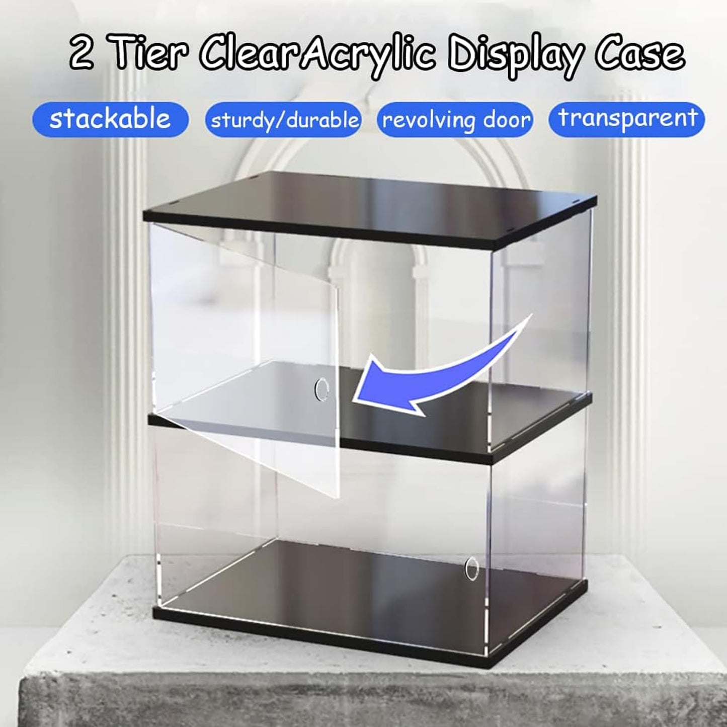 Clear Acrylic Display Case for Mini Funko Pop Figures with Light, 2 Layer Storage Cabinet Shelf Showcase for Toys Mini Figures Collectibles Rock Stone Crystals, Wooden Black Finish 26x12x29cm