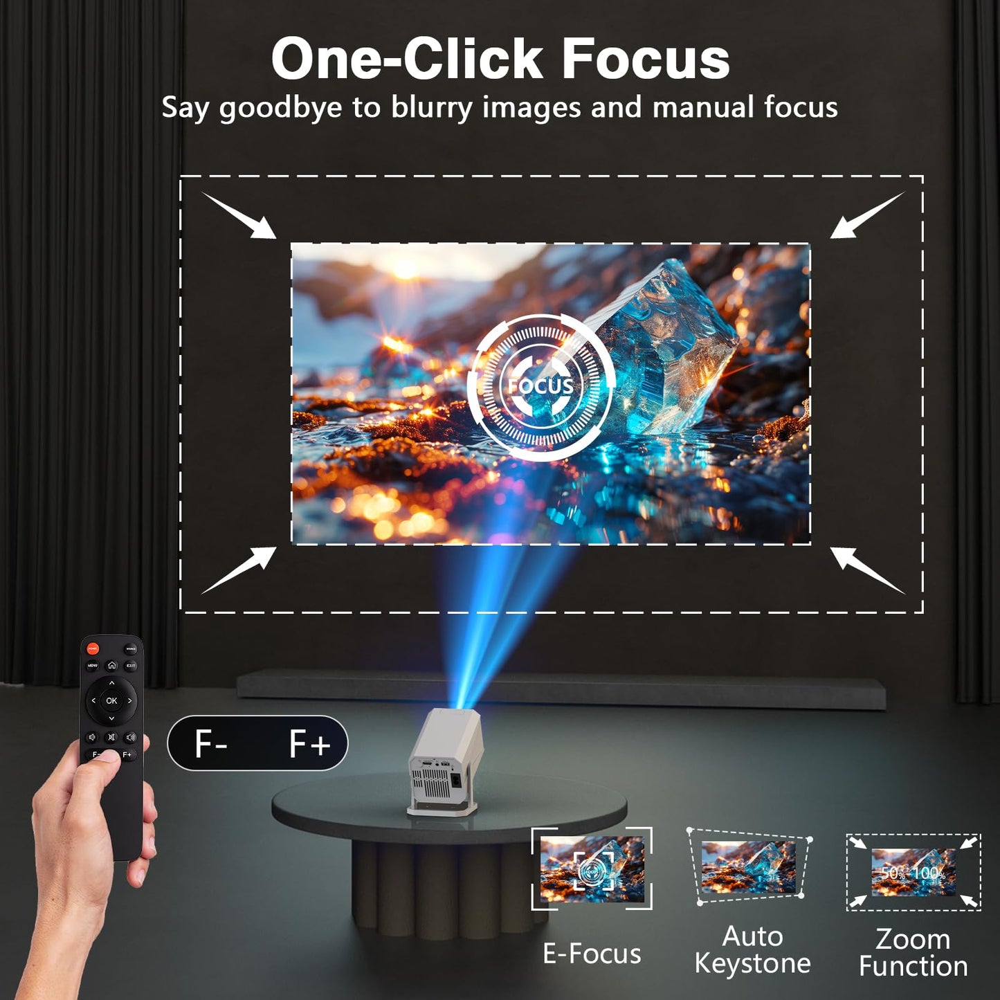 【Built-in Apps | Electric Focus】 1080P Mini Projector with WiFi 6 and Bluetooth, Portable Outdoor Projector with 【Auto Keystone】, 270°Rotation Movie Projector Compatible with HDMI, USB, Smartphone