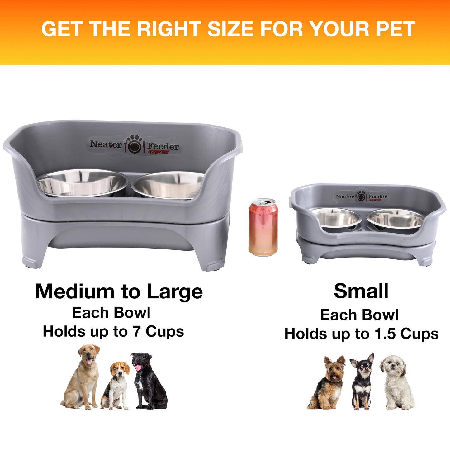 Neater Feeder Express Mess Proof Dog Bowls Elevated for Small Breeds Under 15 Lb, Made in USA, No Spill Raised Dog Food Bowl Stand, Stainless Steel Food and Water Bowl Set, Feeding Station, Grey
