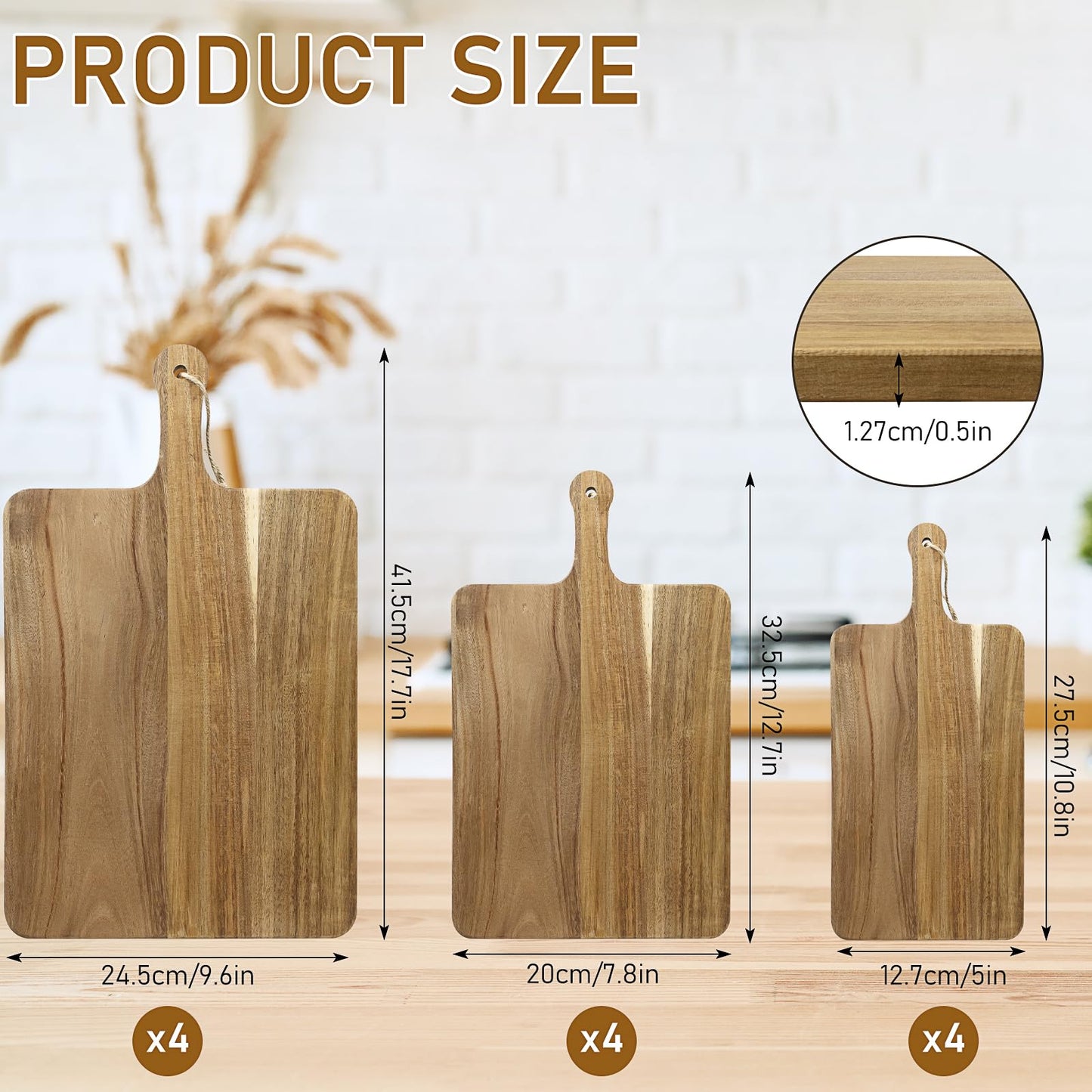 12 Pcs Acacia Wood Cutting Boards with Handle, Wooden Chopping Board Bulk, Meat Charcuterie Boards, Serving Board for Bread, Pizza, Cheese, Fruits, Vegetables (3 Sizes)