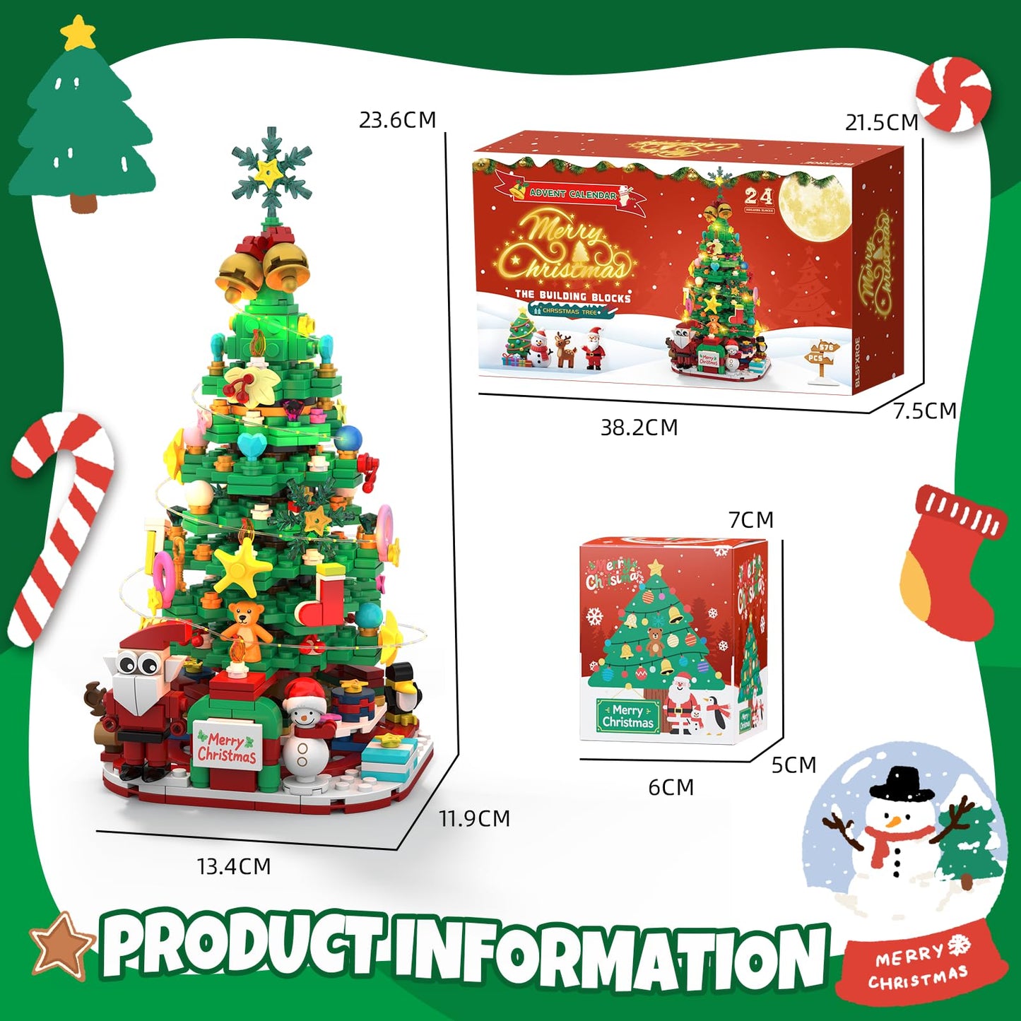 Advent Calendar 2025 Christmas Tree Advent with LED Light,24 Days Christmas Tree Building Block Toy Set，Christmas Gifts for Adults Teens Kids