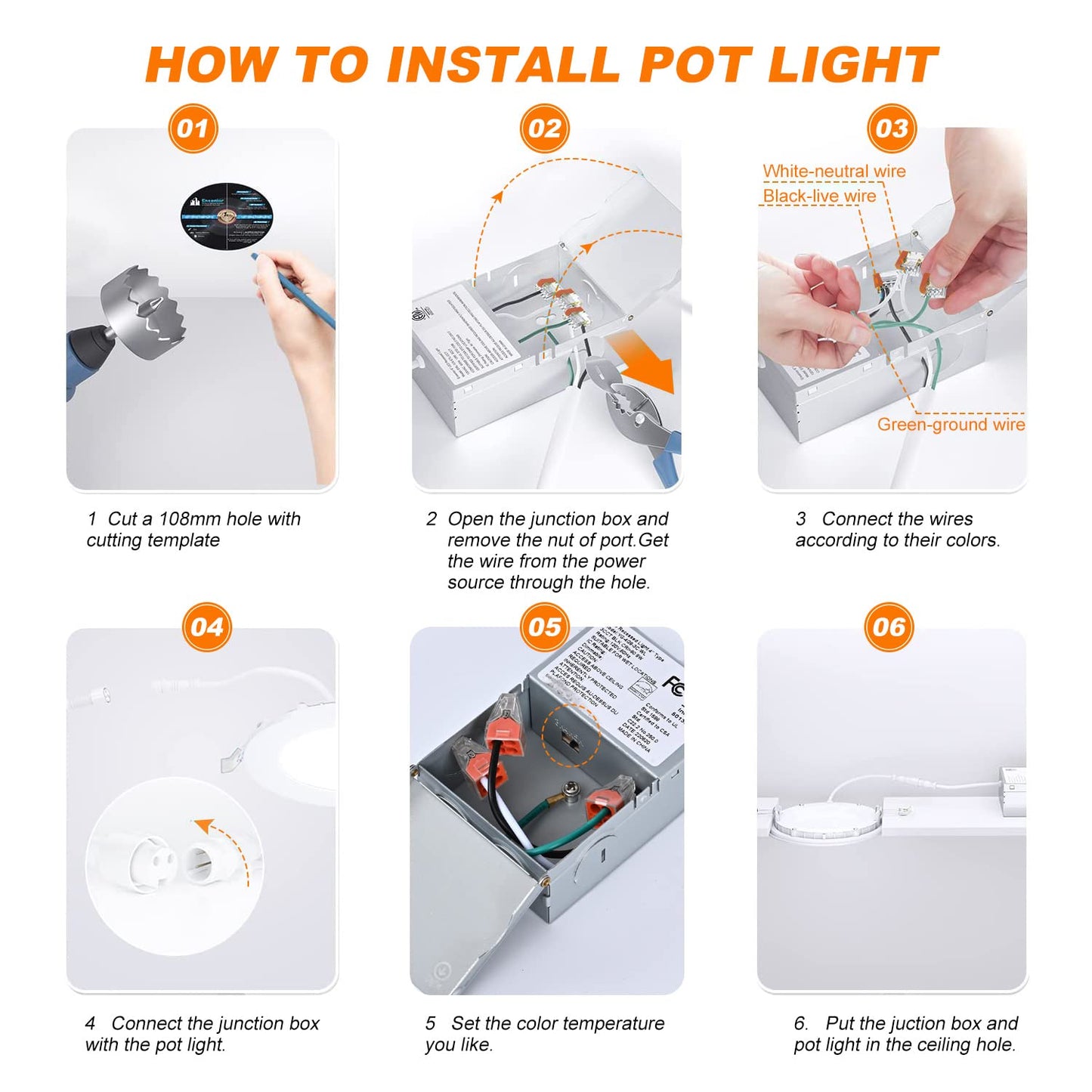 ULCCT Light 3CCT 4 Inch 9W 3000K 4000K 5000K Pot Lights, Dimmable 750LM LED Slim Recessed Lighting, 6 Pack