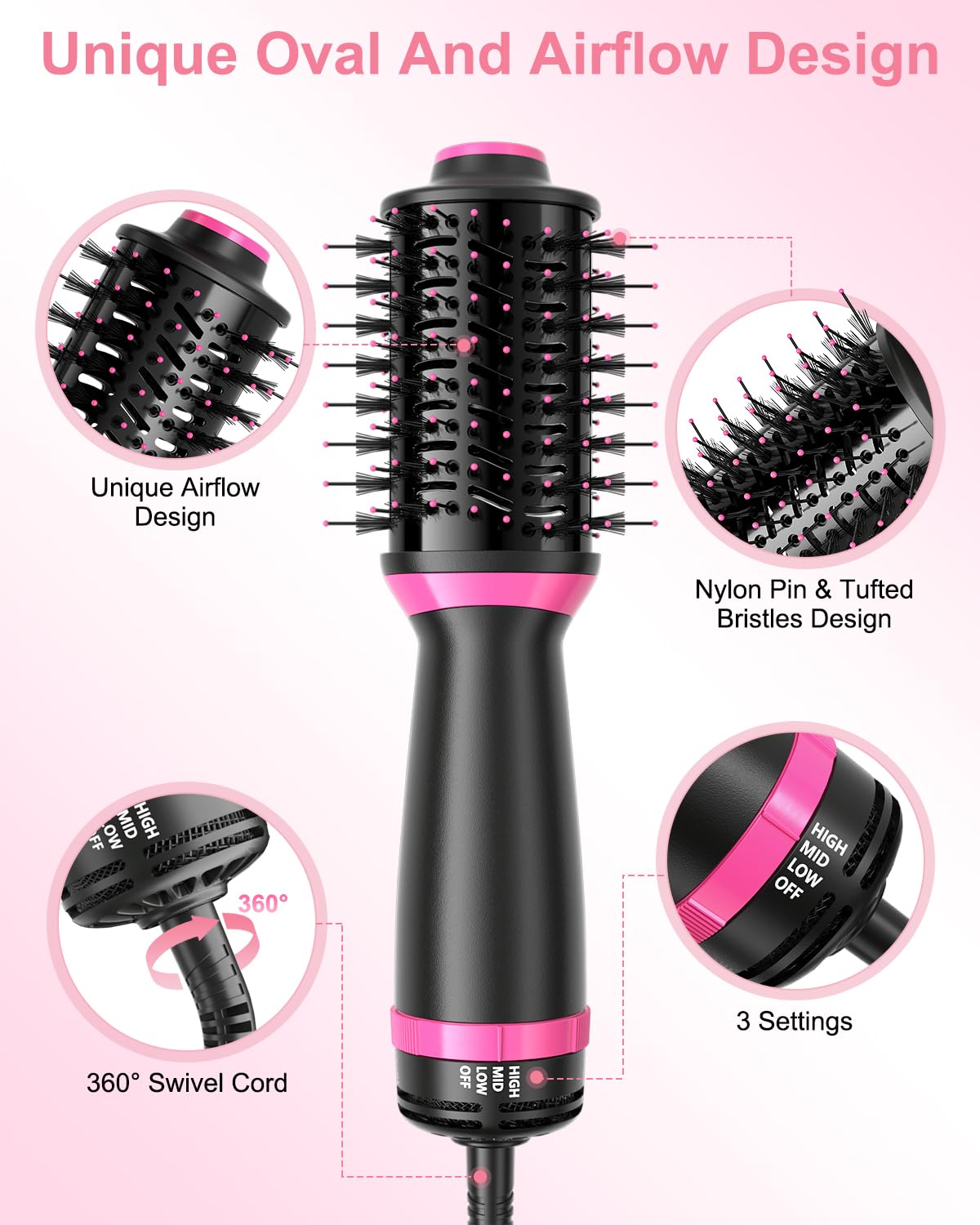 Professional Salon One-Step Hair Dryer & Hot Air Brush & Blower Brush with Advanced Tourmaline Ionic Technology, Multiple Heat Settings, Hair Styler for Smooth, Frizz-Free Results, Travel Friendly