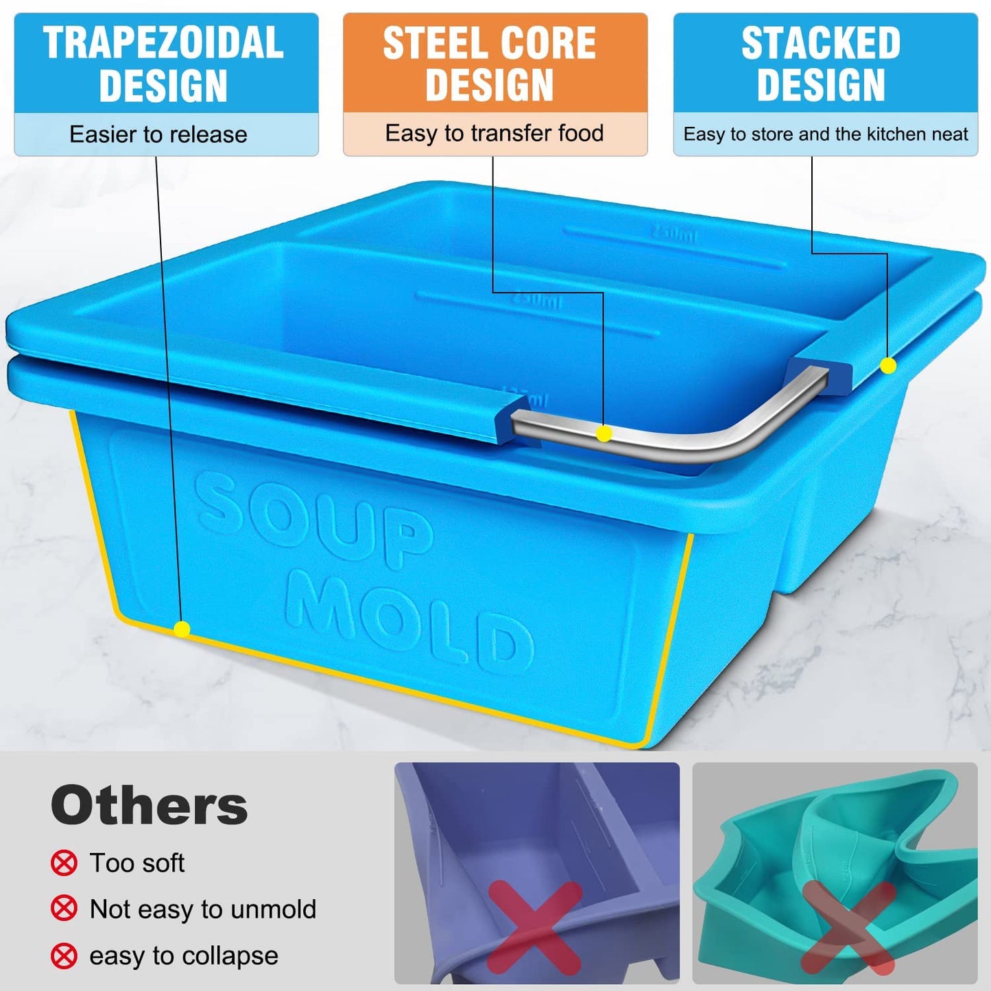 Walfos Silicone Soup Freezer Containers with Lid, Extra-Large 1-Cup Soup Freezer Tray for Soup, Silicone Soup Freezing Tray for Storing and Freezing Soup, Sauce, Broth & Ice, 4 Pieces