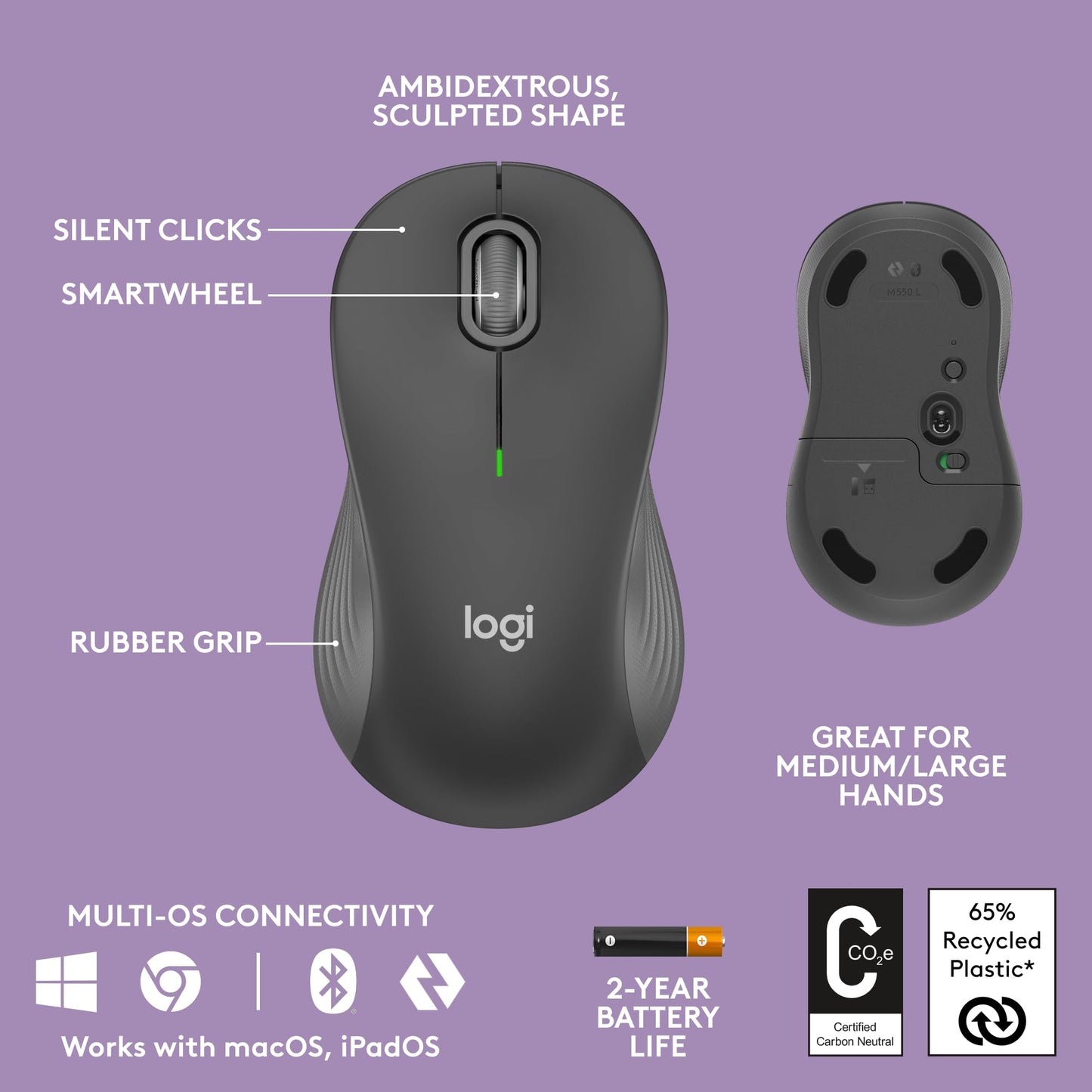 Logitech Wave Keys MK670 Combo, Wireless Ergonomic Keyboard with Signature M650 L Wireless Mouse, Comfortable Natural Typing, Bluetooth, Logi Bolt, for Multi-OS, Windows/Mac, French Layout - Graphite