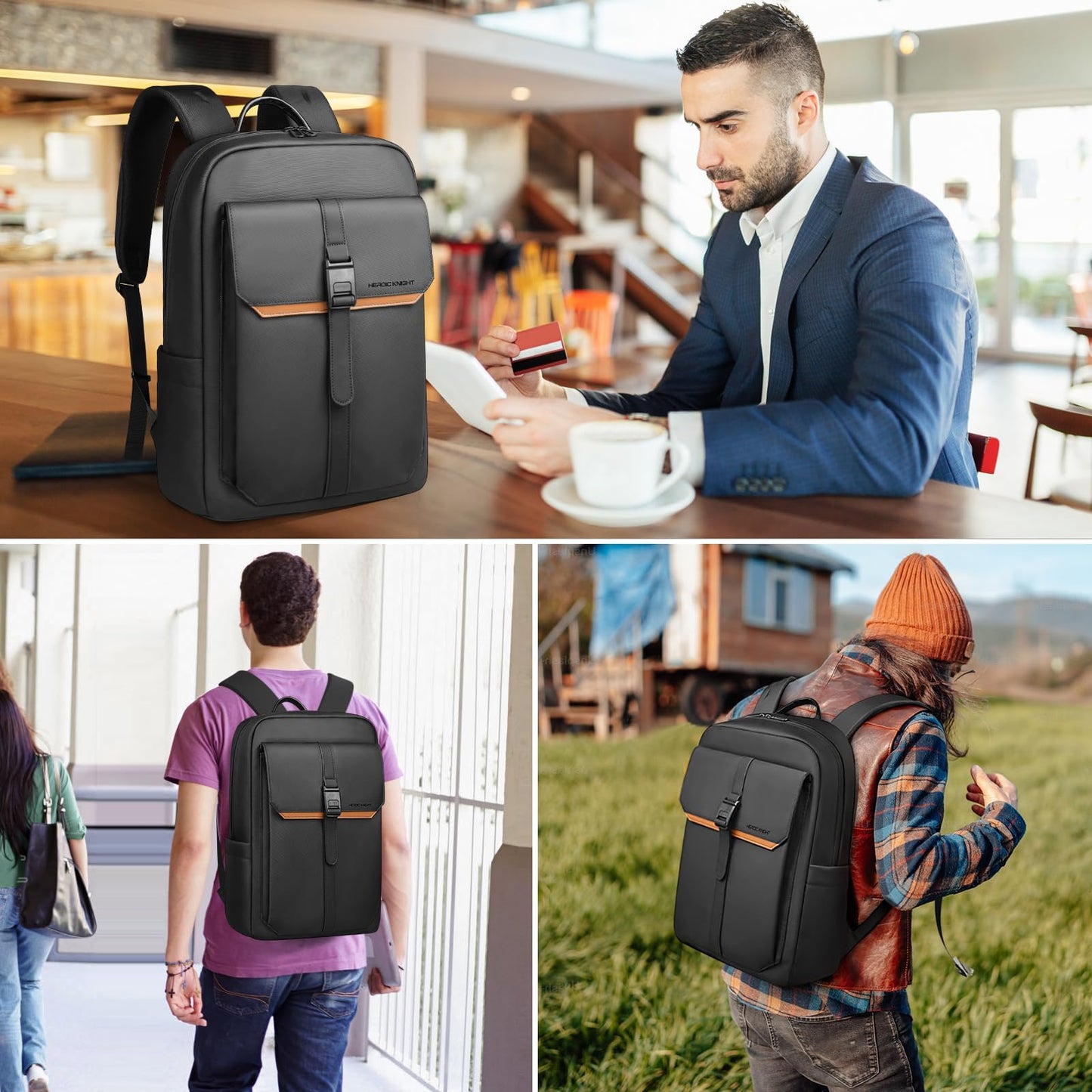 hk Slim Backpack for Men Women, 15.6 Inch Business Laptop Backpacks, Water-resistant Anti-theft Lightweight Computer Bag for Office Work Travel College Daily Elegant Casual - Black