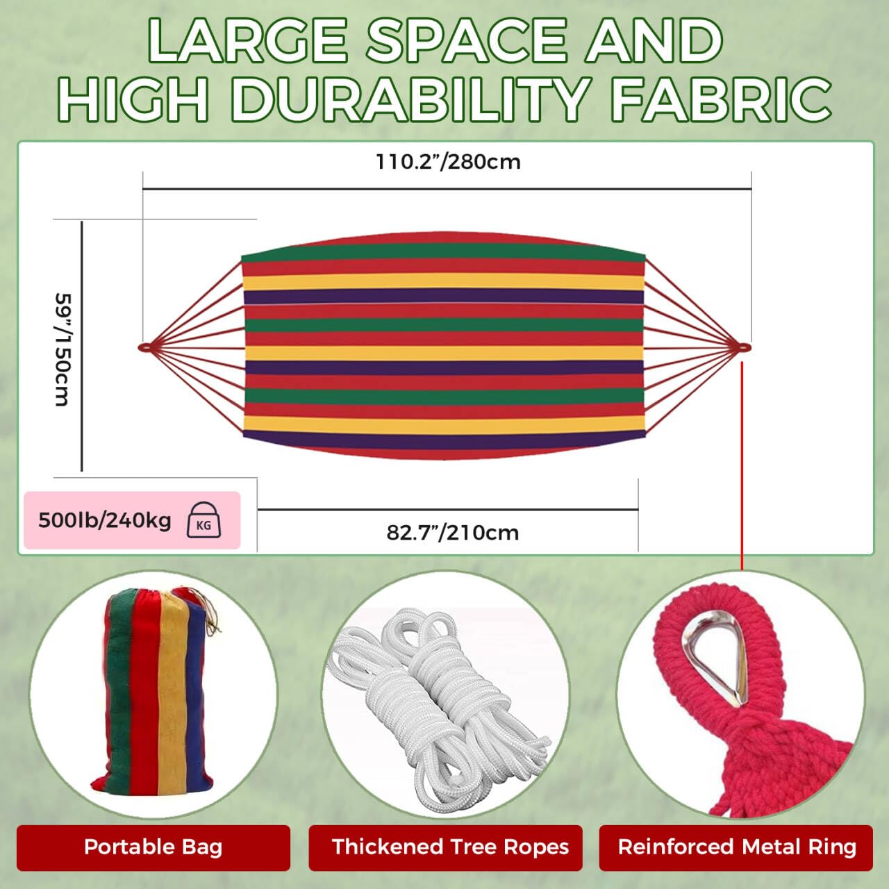 Haibro Brazilian Double Camping Hammock,2 Person Wide Hammock Fabric Travel Hanging Hammocks with Ropes and Hooks for Indoor or Outdoor Garden,Travel,Beach,Backpacking,Hiking