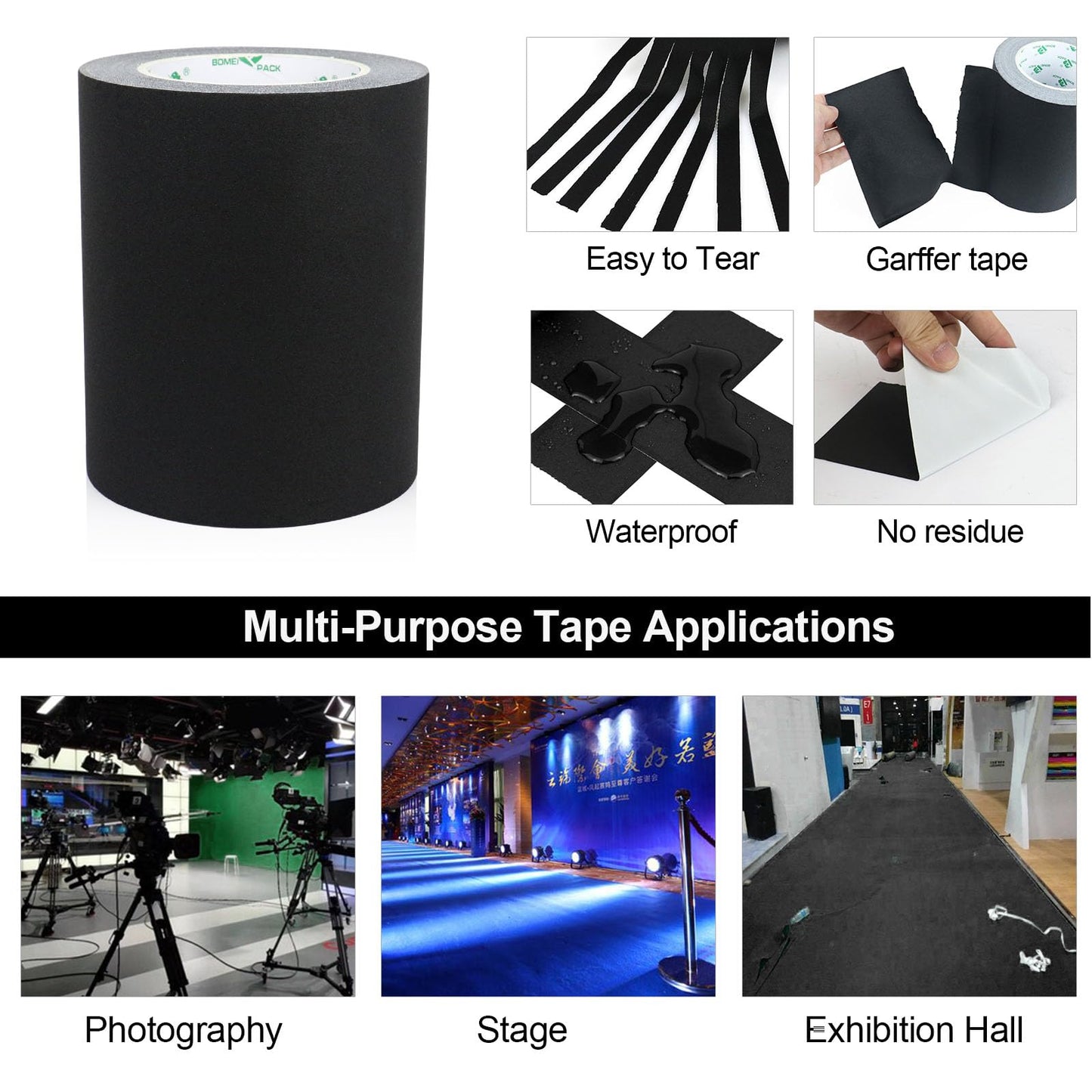 BOMEI PACK Wide Black Gaffer Tape 6 Inch x 30Yds, Non Reflective Residue Free Pro Matte Gaffing Tape for Photography