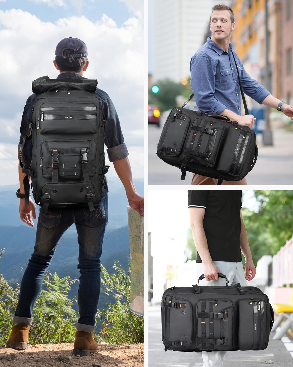 Ponhog Travel Backpack for Men - 50L Convertible Duffle Bag with Shoe Compartment, Carry On Laptop Backpack with USB Charging Port, Water Resistant Hiking Backpack Gym Daypack, Black
