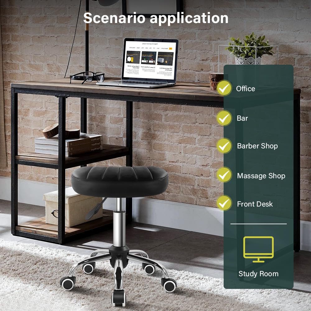 BFTOU Black Minimalist Square Swivel Stool, Work Spa Shop Massage Height Adjustable Cost Effective Rolling Stool Chair with Wheels