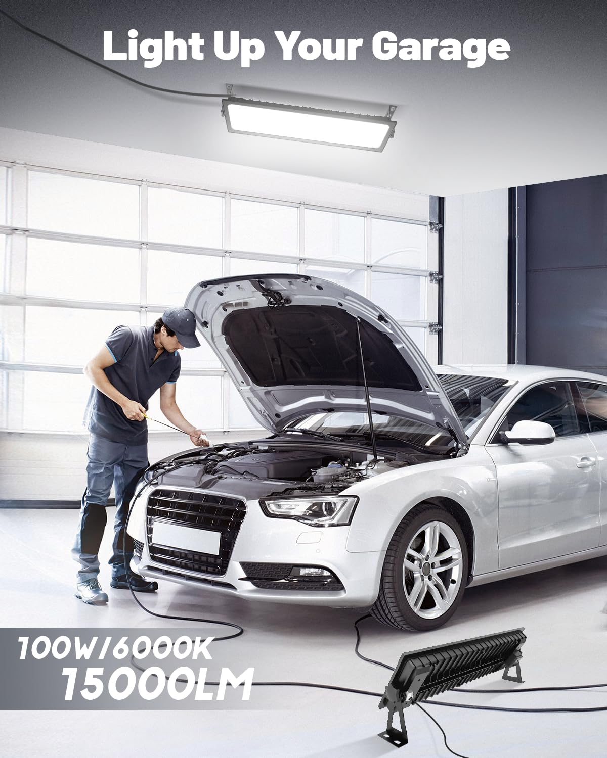 2 Pack Linkable LED Shop Lights - 100W 15000LM Aluminum Garage Light, 6000K Shop Lights for Garage, Workshop, Warehouse