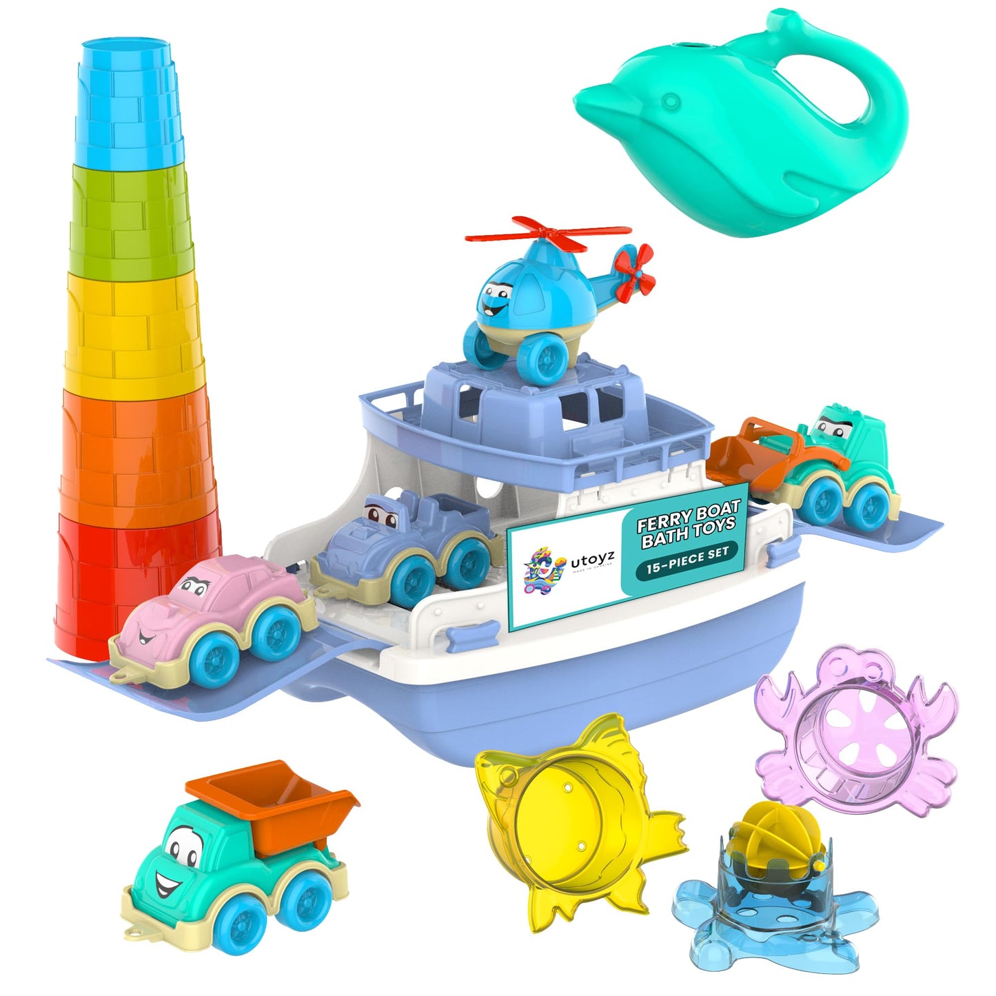 Ferry Boat Bath Toys Set for Kids 15 Pcs | Includes Ferry, Cars, Trucks, Helicopter, Stacking Cups & Toy Animals for Baby Boys & Girls | Water Bathtub Indoor Games for Toddlers | Kids Ages 1+