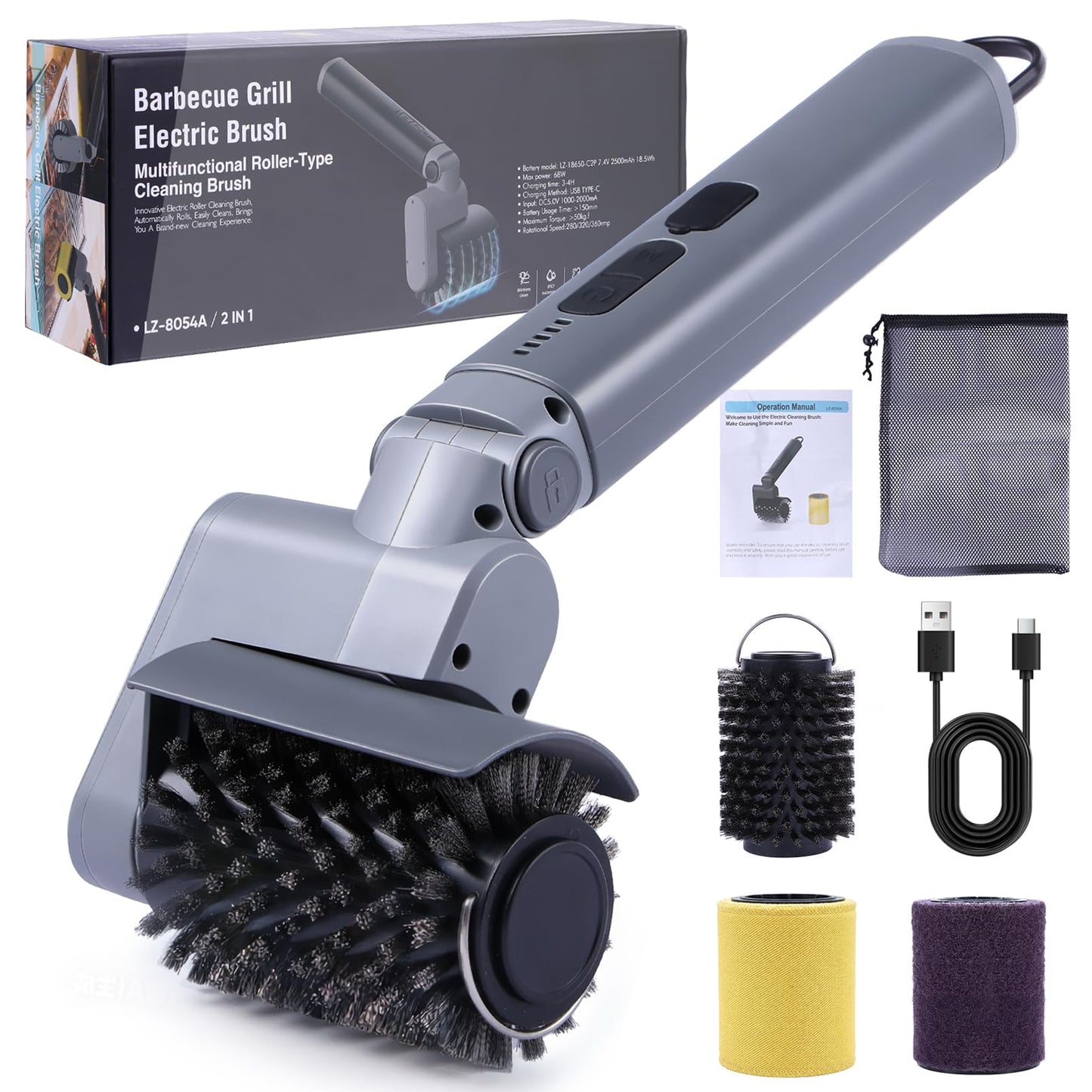 PUVIRECN Electric Grill Cleaner 3 in 1, Cleaning Brush Scraper, Easy Clean Cordless BBQ Barbecue Scrubber, for Father's Day, Dad! 50Kg.f High Torque, 2500mAH, 68W Motor & 360RPM, Splash Guard, IPX7